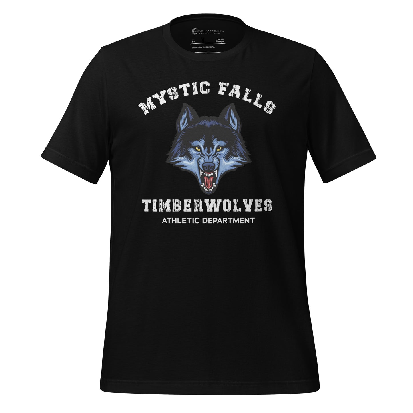 Black Mystic Falls Timberwolves shirt with a blue werewolf showing its fangs created by graphic apparel company Midnight Gypsy Designs as part their The Vampire Diaries merch collection. Perfect The Vampire Diaries shirt, Mystic Falls shirt, Mystic Falls Timberwolves t-shirt, Stefan Salvatore shirt, Stefan Salvatore t-shirt, Stefan Salvatore tee, Stefan Salvatore 17 shirt, Mystic Falls High School shirt, Team Stefan shirt, Damon Salvatore shirt, and Team Damon Shirt.