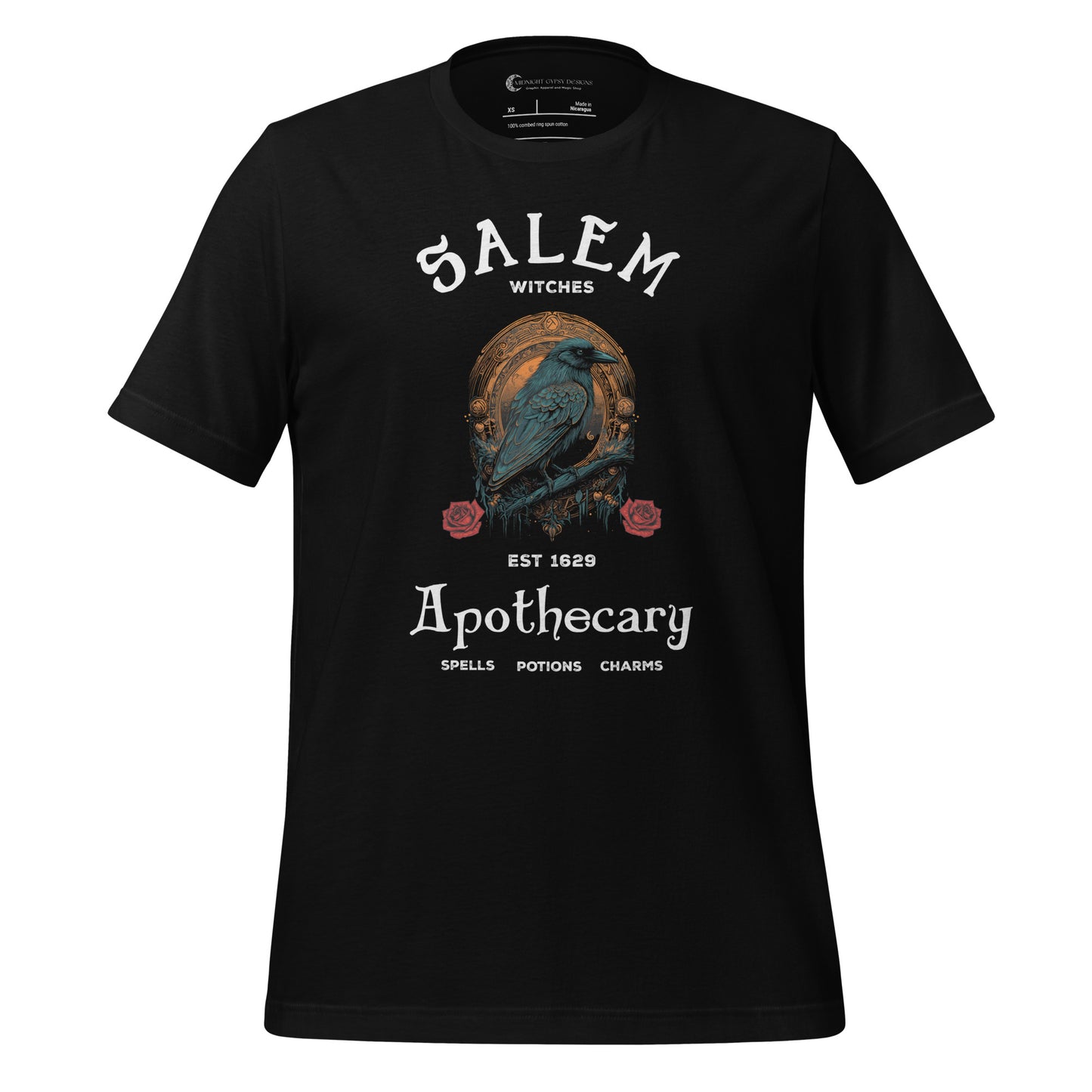 Black Salem Apothecary shirt with a black crow and two red roses created by graphic apparel company Midnight Gypsy Designs as part of their witchy and gothic apparel clothing line. Perfect Salam witch trials shirt, Salem Apothecary t-shirt, Salem Apothecary tee, black crow shirt, Salem witch shirt, Salem witch tshirt, Salem witch tee, Salem witches shirt, Salem witches t-shirt, Salem witches tshirt, 1692 Salem witch trials shirt, and 1692 Salem witch trials tshirt.