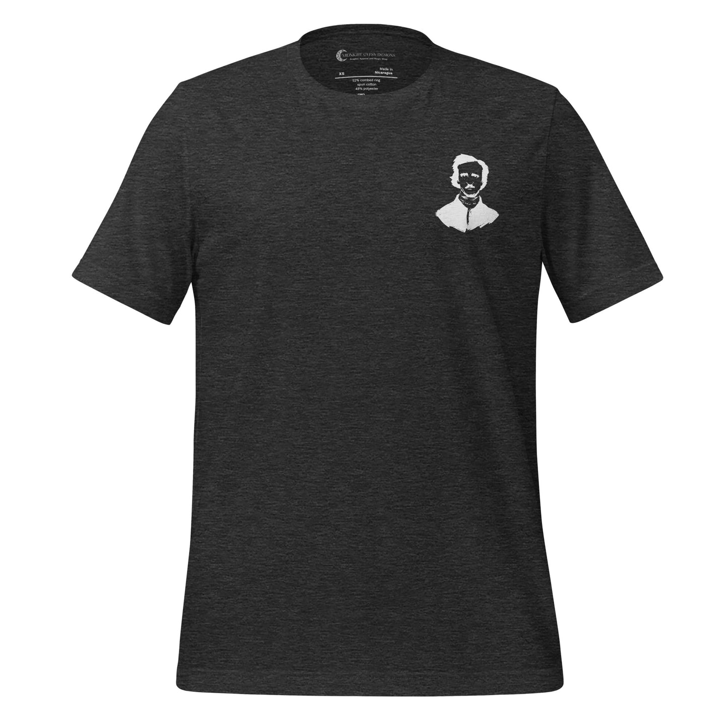 Grey Edgar Allan Poe shirt that says Be Like Poe created by graphic apparel company Midnight Gypsy Designs as part of their Dark Academia t-shirt collection. Perfect Edgar Allan Poe merch, Edgar Allan Poe fans shirt, Edgar Allan Poe literary shirt, Edgar Allan Poe Poet shirt, Edgar Allan Poe librarian shirt, and Edgar Allan Poe fan shirt for readers.