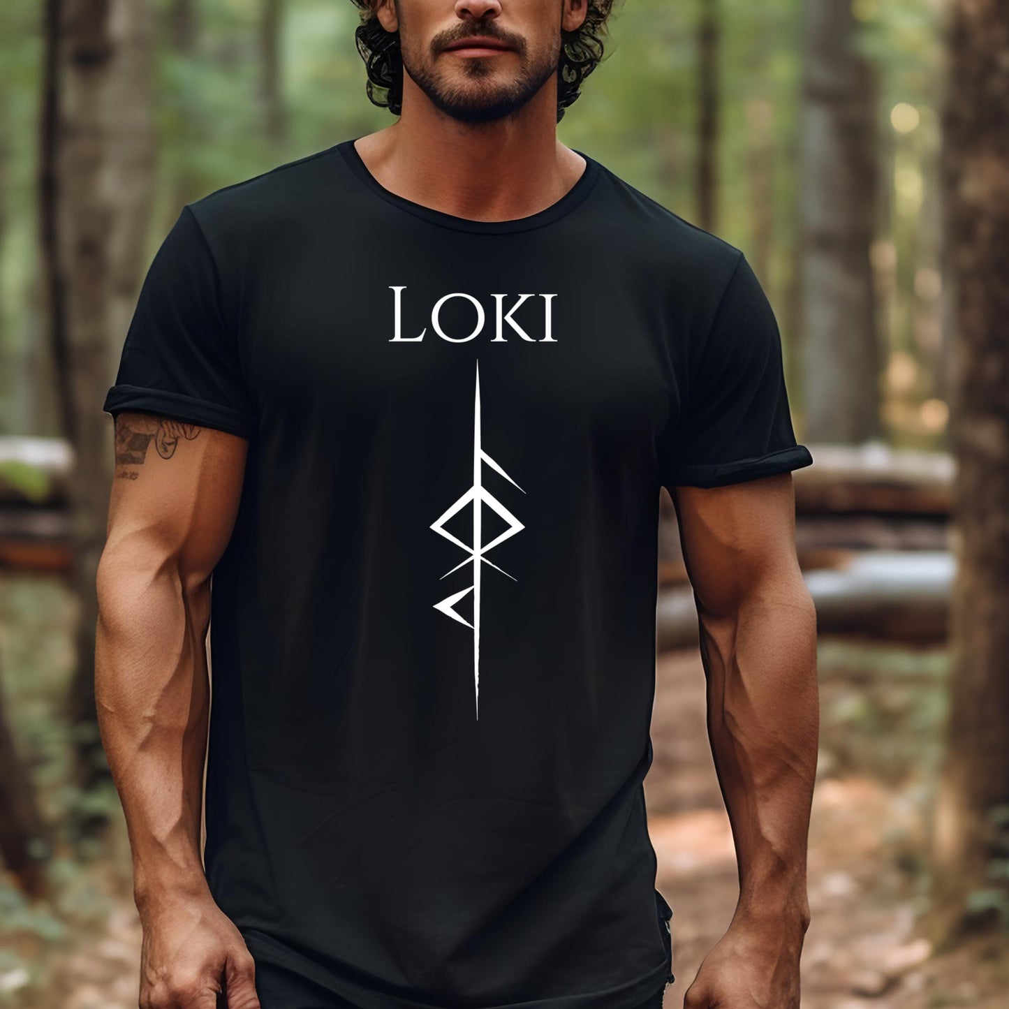 Man with dark near shaven beard and mustache with muscles standing in woods wearing a black t-shirt that reads Loki with the Loki Futhark rune symbol created by Norse Viking apparel shop Midnight Gypsy Designs.