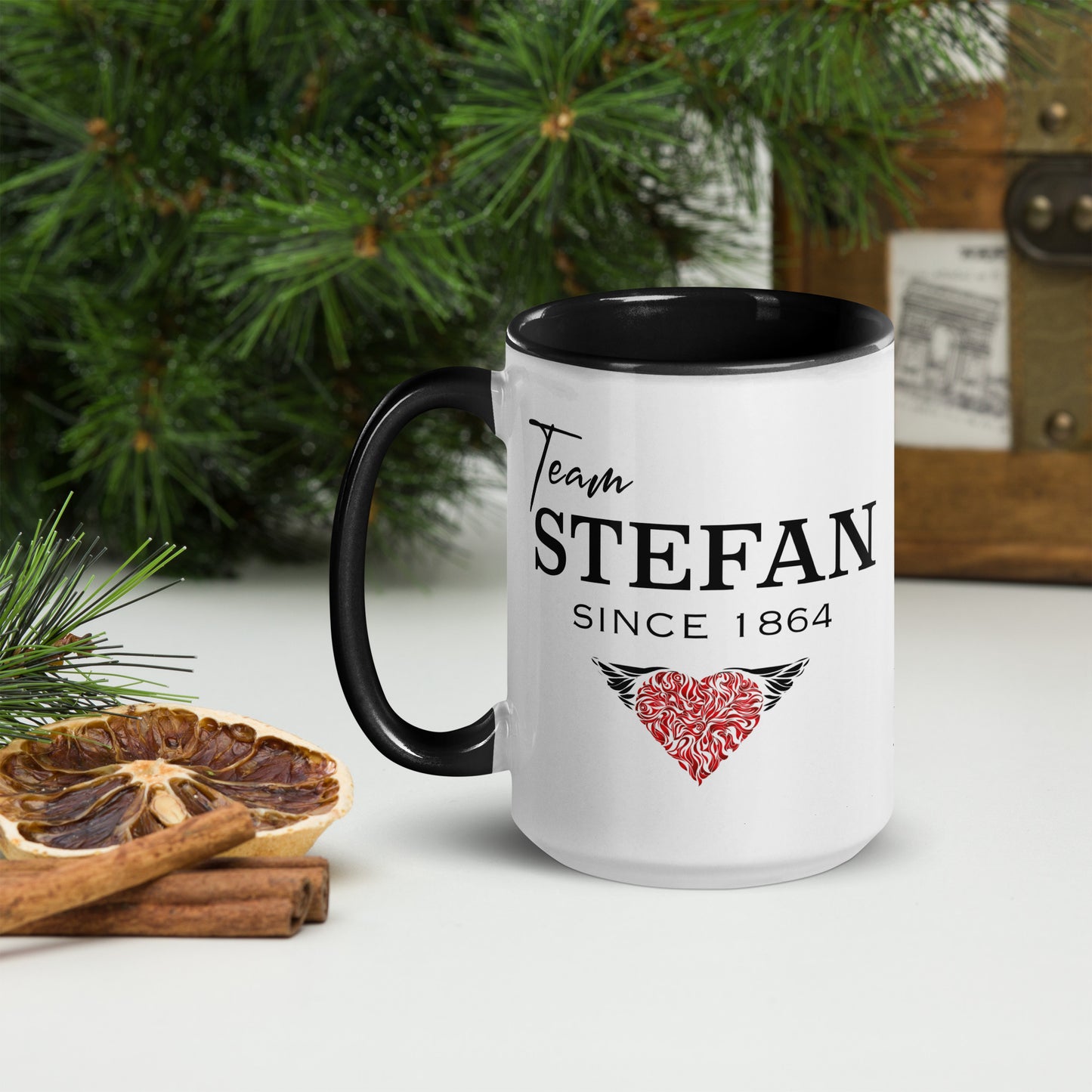 Black and white The Vampire Diaries Team Stefan Since 1864 coffee mug with red heart created by bookish shop Midnight Gypsy Designs.