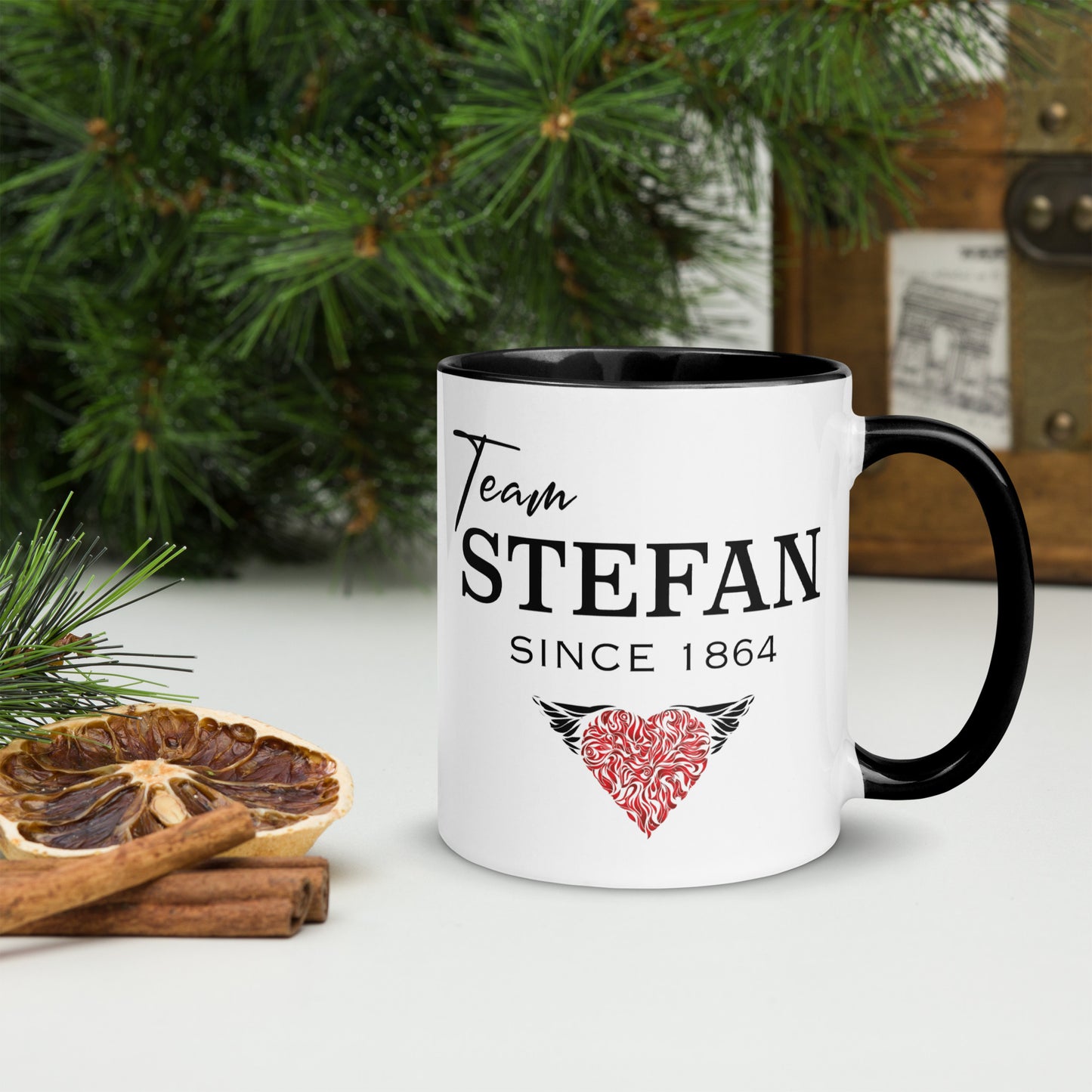 Black and white The Vampire Diaries Team Stefan Since 1864 coffee mug with red heart created by bookish shop Midnight Gypsy Designs.