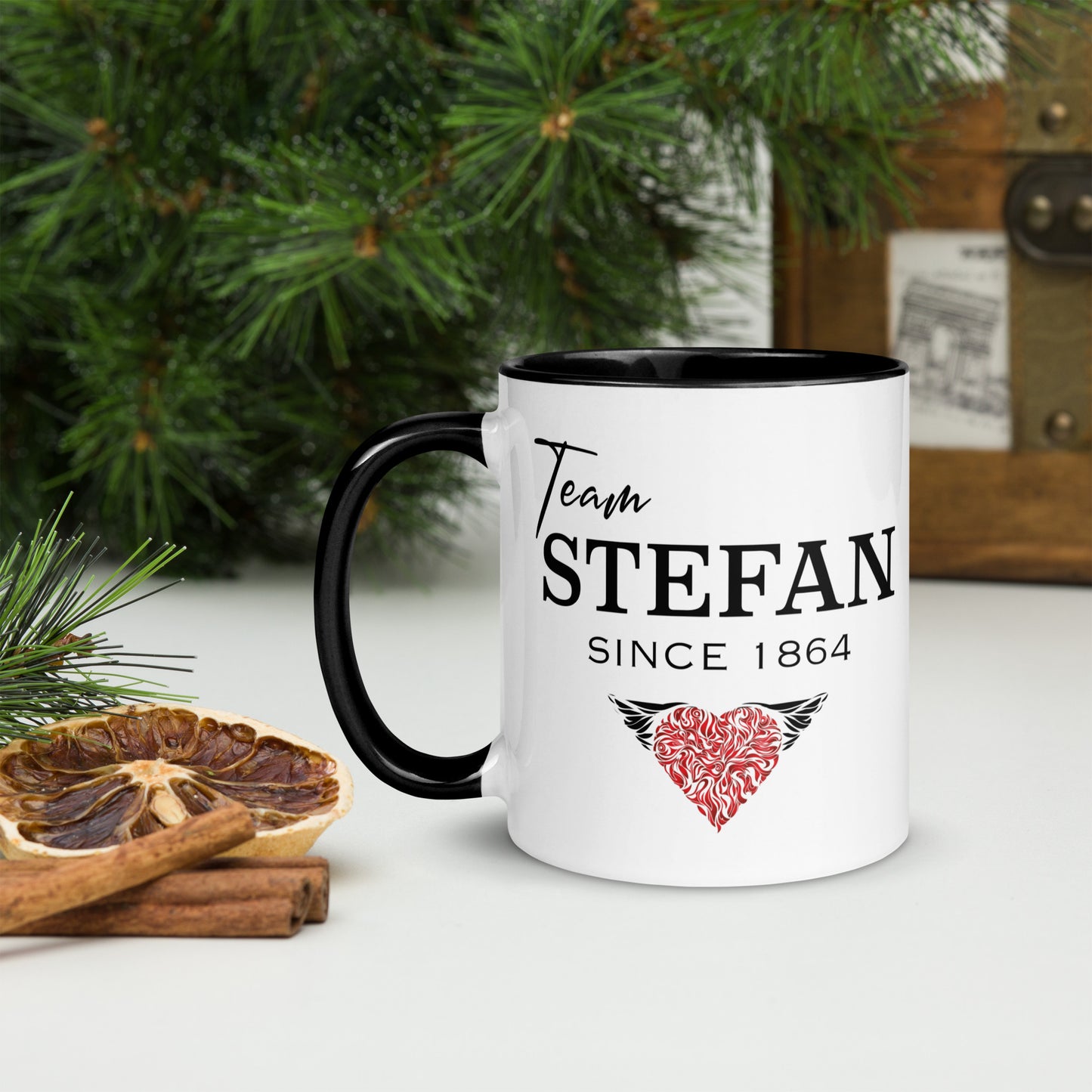 Black and white The Vampire Diaries Team Stefan Since 1864 coffee mug with red heart created by bookish shop Midnight Gypsy Designs.