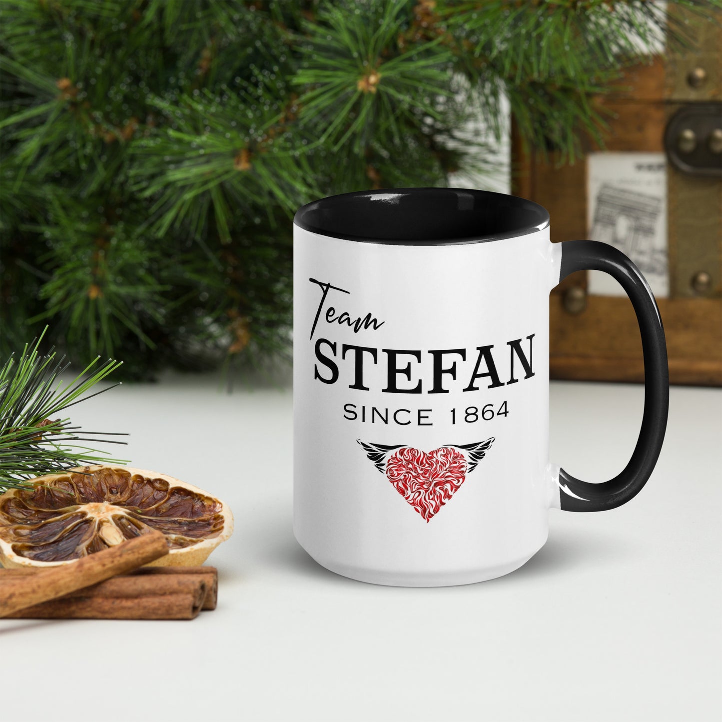 Black and white The Vampire Diaries Team Stefan Since 1864 coffee mug with red heart created by bookish shop Midnight Gypsy Designs.