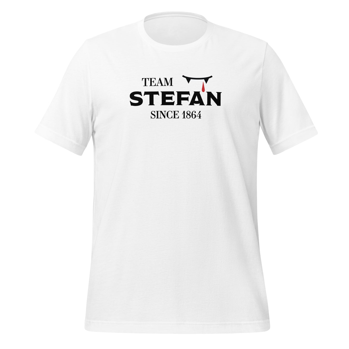 White The Vampire Diaries Team Stefan Since 1864 shirt with fangs and blood drip created by graphic apparel company Midnight Gypsy Designs. Perfect Team Stefan shirt, Stefan Salvatore shirt, the Vampire Diaries shirt, Stefan Salvatore t-shirt, cute vampire shirt, team Stefan apparel, Salvatore Brothers shirt, The Vampire Diaries t-shirt, team Stefan Since 1864 t-shirt, team Stefan shirt, Mystic Falls shirt, and Mystic Falls apparel for fans of The Vampire Diaries!