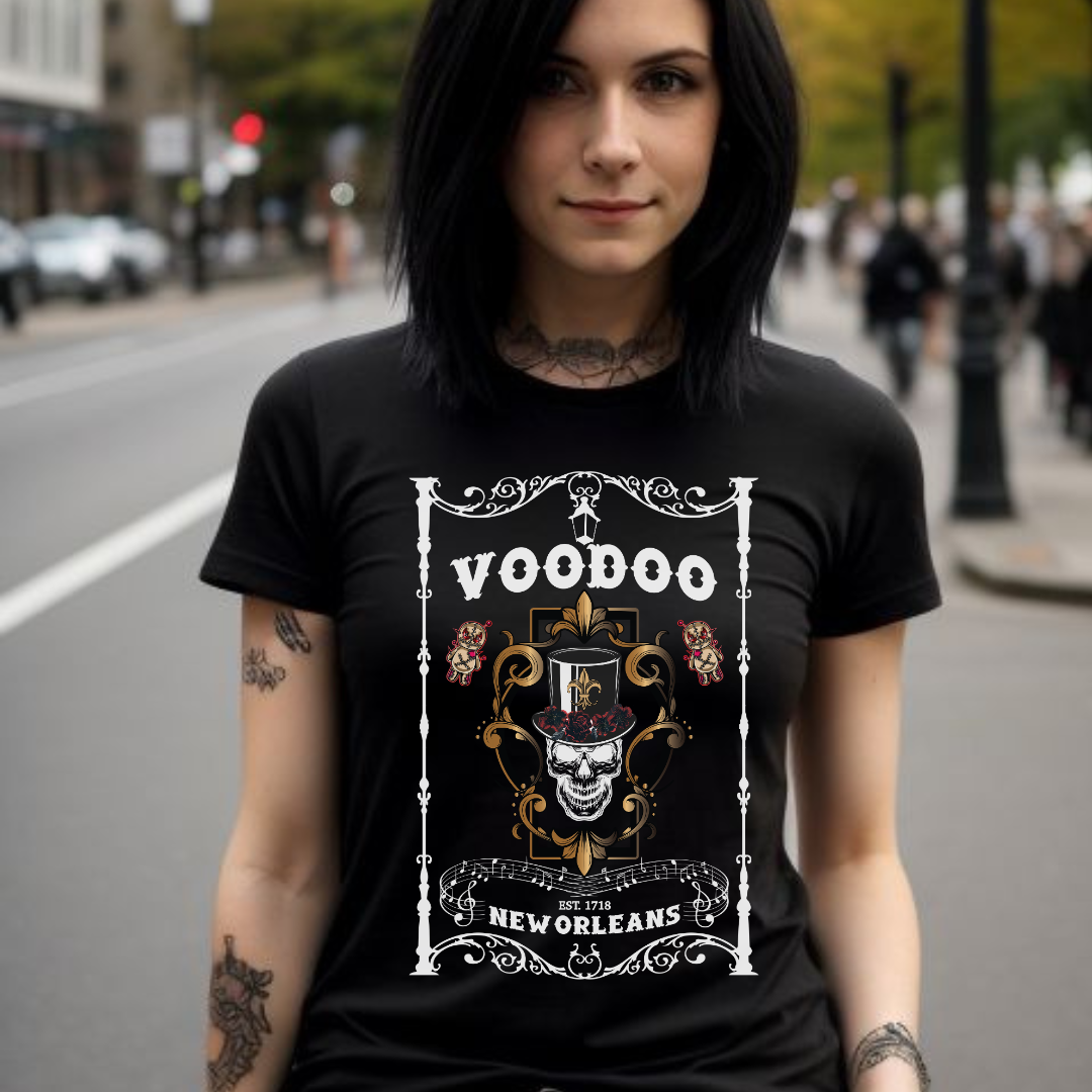 Young woman with black hair wearing a black Bourbon Street Voo Doo New Orleans t-shirt with voo doo doll and skull with top hat and roses created by graphic apparel company Midnight Gypsy Designs.