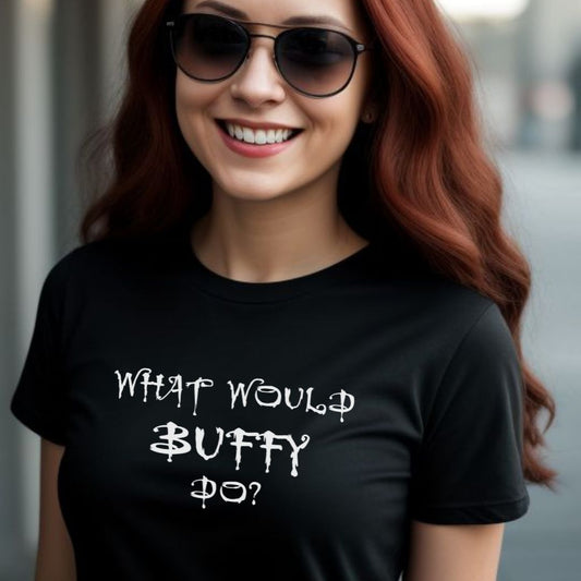 Black What Would Buffy Do T-shirt for fans of Buffy the Vampire Slayer TV show created by graphic apparel shop Midnight Gypsy Designs as part of their Buffy The Vampire Slayer apparel line. Perfect Buffy the Vampire Slayer shirt, Buffy Summers shirt, Buffy the Vampire Slayer t-shirt, Buffy Summers t-shirt, cute Buffy tee, cute Buffy shirt, cute Buffy t-shirt, What Would Buffy Do shirt, and cute Halloween shirt.