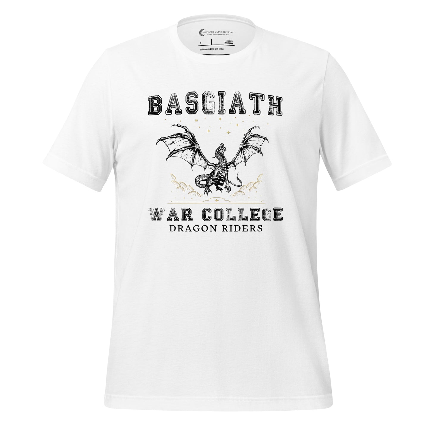 White dragon rider Basgiath War College shirt for fantasy book readers of Fourth Wing, Iron Flame, and Onyx Storm created by graphic apparel company Midnight Gypsy Designs as part of their bookish merch collection.