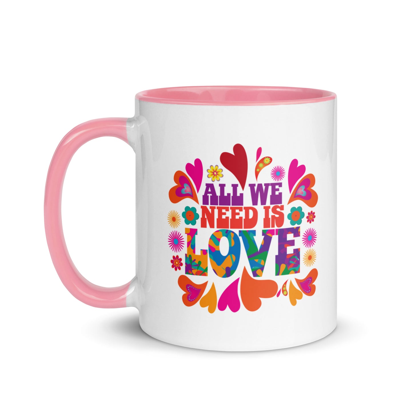 All we need is love coffee mug with black handle and colorful hearts with 1960s hippie style created by clothing apparel company Midnight Gypsy Designs. Perfect mental health awareness mug, Valentine's Day mug, peace mug, flower child mug, and cute kindness mug.