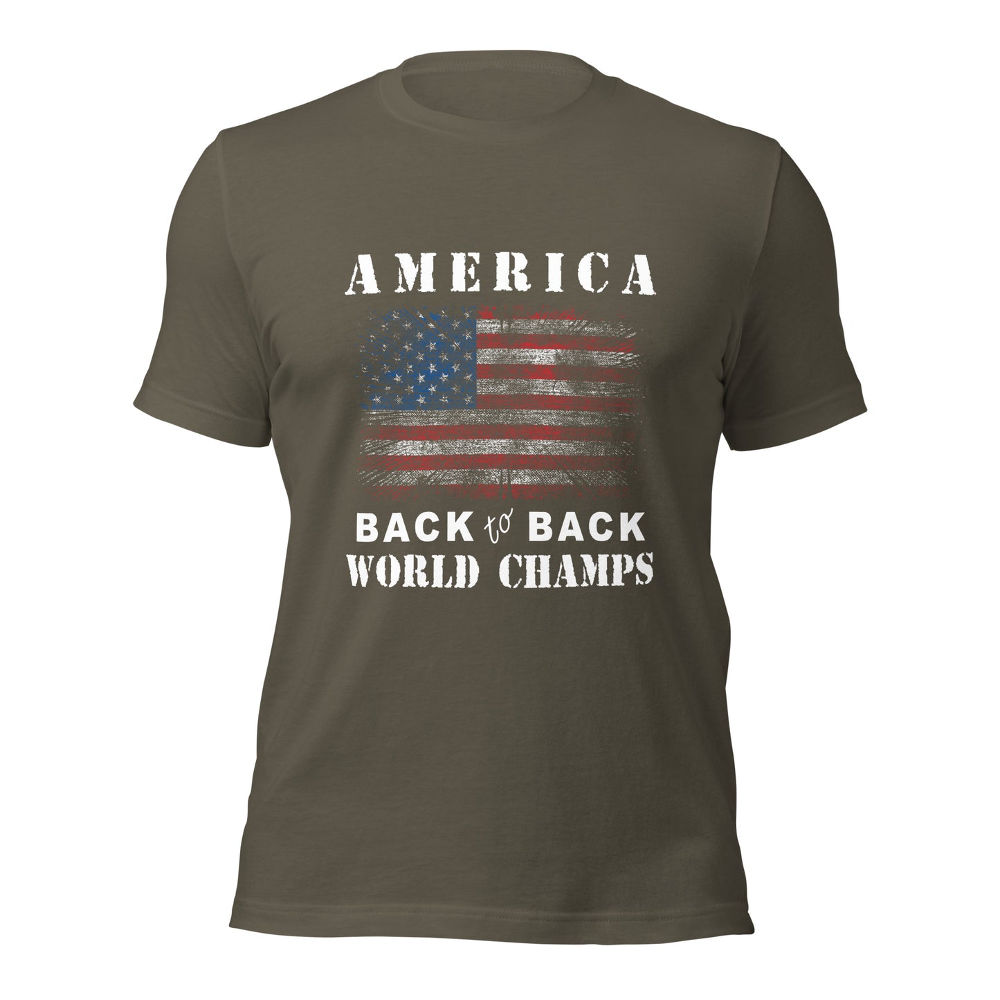 Army green American patriotic pride shirt that says America Back to Back World Champs designed by graphic apparel company Midnight Gypsy Designs as part of their USA Patriotic apparel line. Perfect USA veteran shirt, Fourth of July Shirt, USA Patriotic shirt, American pride shirt, USA flag shirt, USA patriot shirt, USA military shirt, and veteran warrior shirt for those who wave the red, white, and blue!