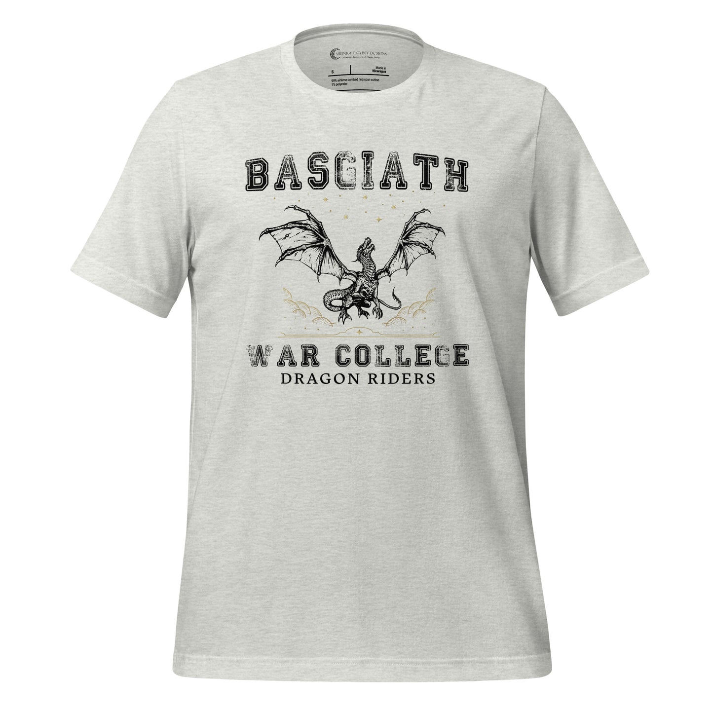 Ash dragon rider Basgiath War College shirt for fantasy book readers of Fourth Wing, Iron Flame, and Onyx Storm created by graphic apparel company Midnight Gypsy Designs as part of their bookish merch collection.