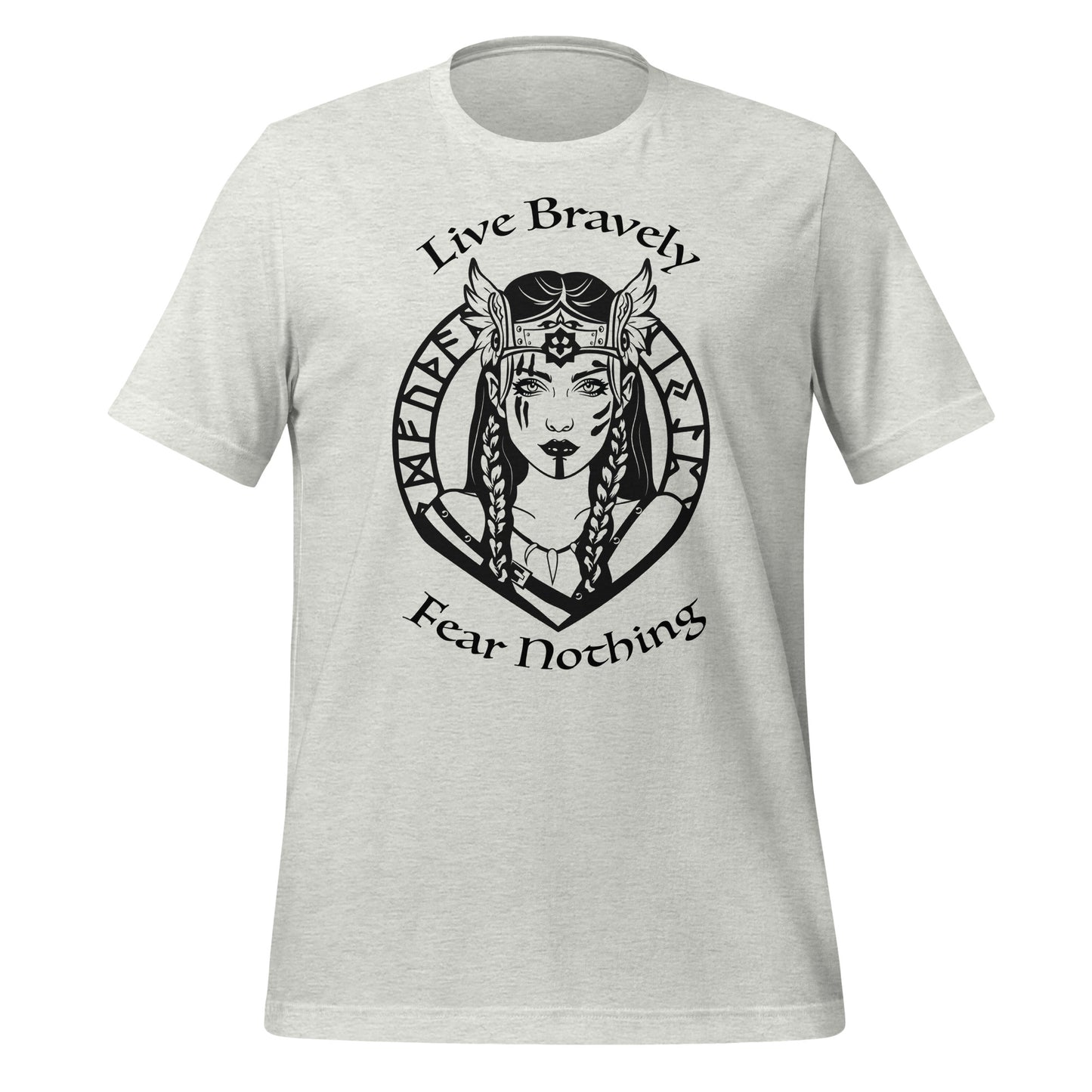 Ash Shieldmaiden Viking Warrior t-shirt that reads Live Bravely Fear Nothing with a Viking Warrior woman with Futhark runes created by graphic apparel shop Midnight Gypsy Designs.