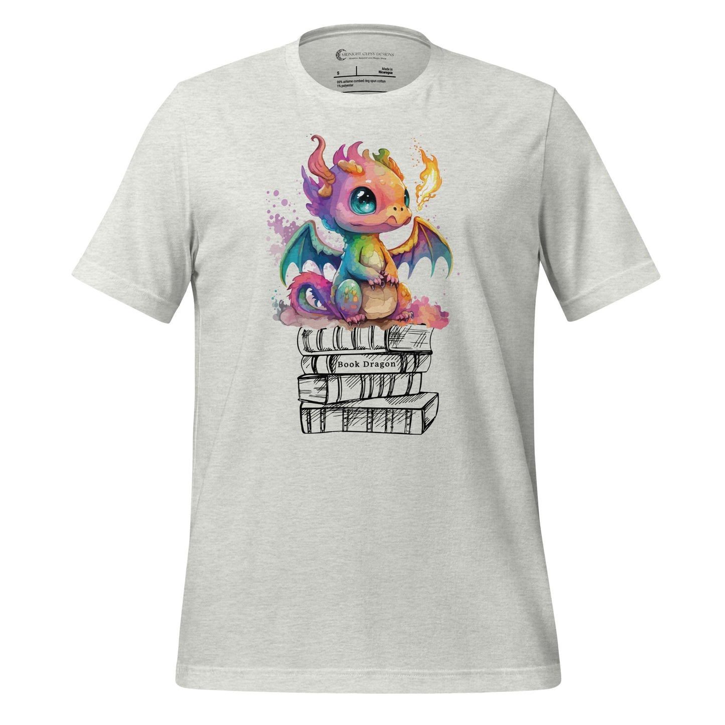 Ash grey book dragon shirt with a fire breathing rainbow dragon sitting on top of a stack of books designed by graphic apparel shop Midnight Gypsy Designs as part of their bookish merch collection. Cute dragon shirt for fantasy readers!
