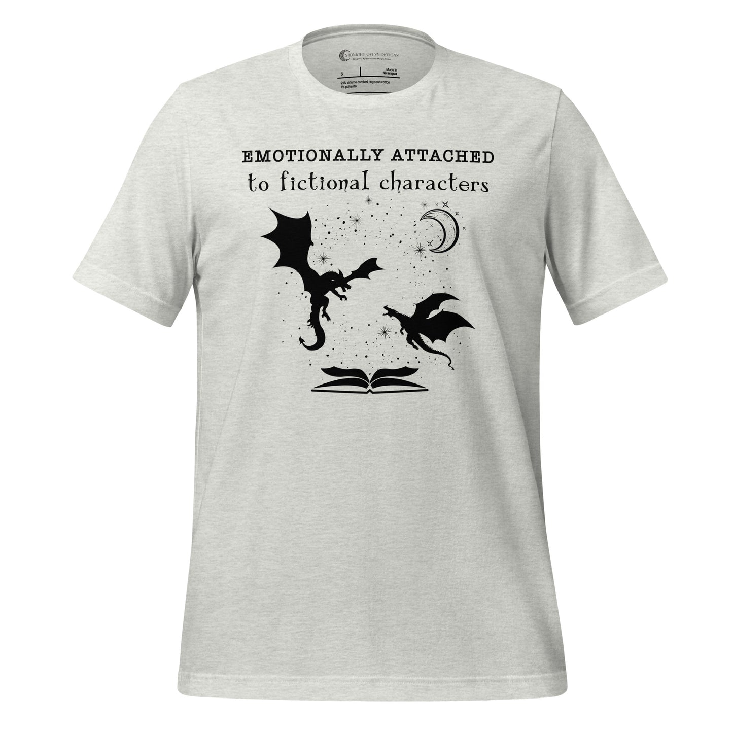 Ash Emotionally Attached to Fictional Characters shirt with two black dragons flying over an open book and a crescent moon created by graphic apparel company Midnight Gypsy Designs for their academia book merch collection. Perfect fantasy readers shirt, book dragon shirt, fourth wing shirt, book merch, bookish merch, and shirt for fantasy readers.