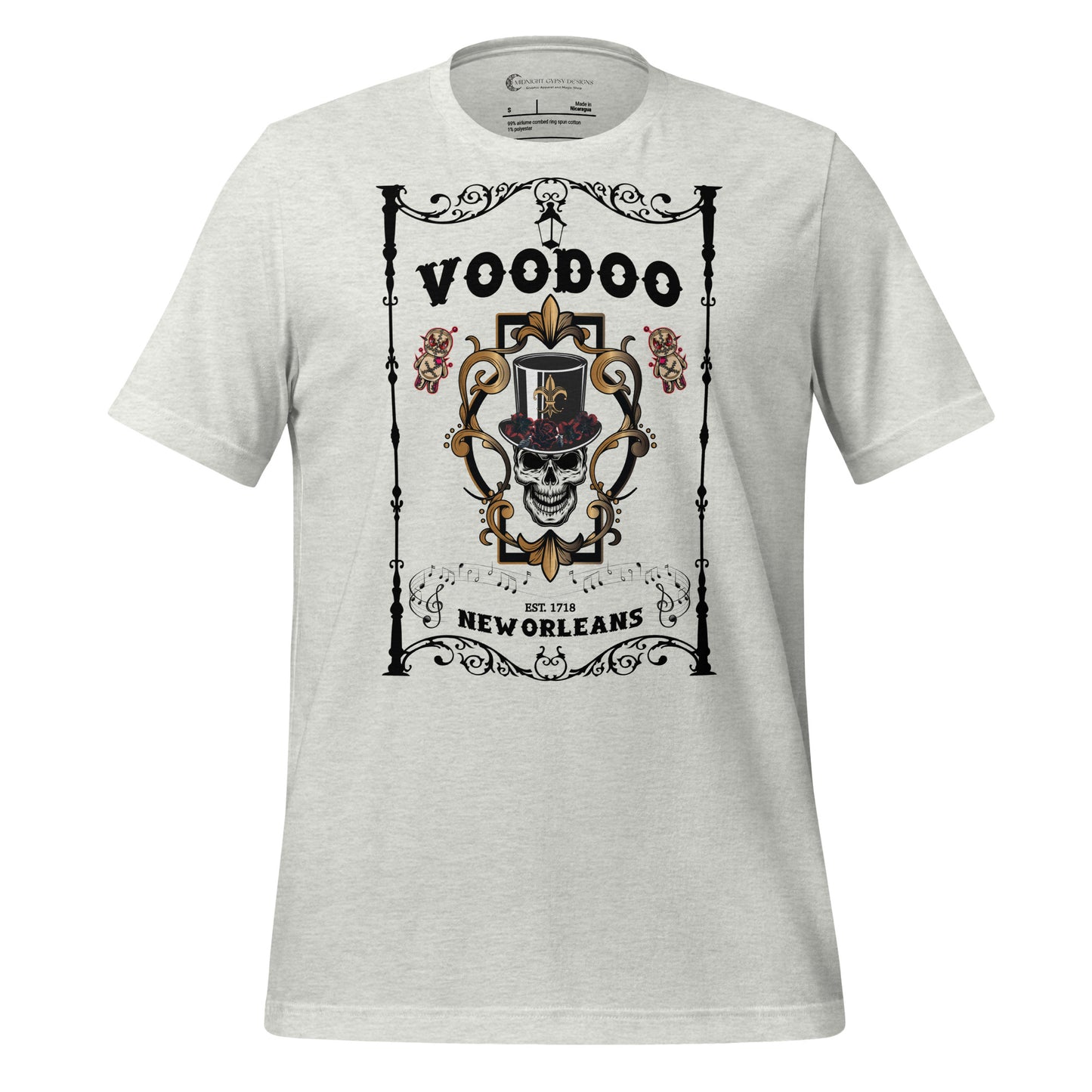 Ash Bourbon Street Voo Doo New Orleans t-shirt with voo doo doll and skull with top hat and roses created by graphic apparel company Midnight Gypsy Designs.