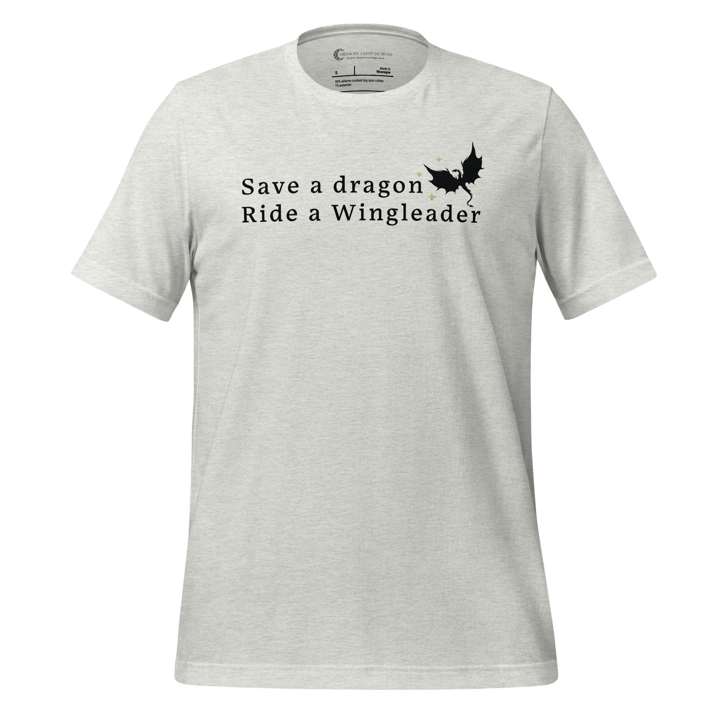 Ash Fourth Wing shirt that says Save a Dragon Ride a Wingleader with a dragon and stars created by graphic apparel company Midnight Gypsy Designs as part of its bookish merch collection for fantasy book readers and fans of the novel books Fourth Wing, Iron Flame, and Onyx Storm.