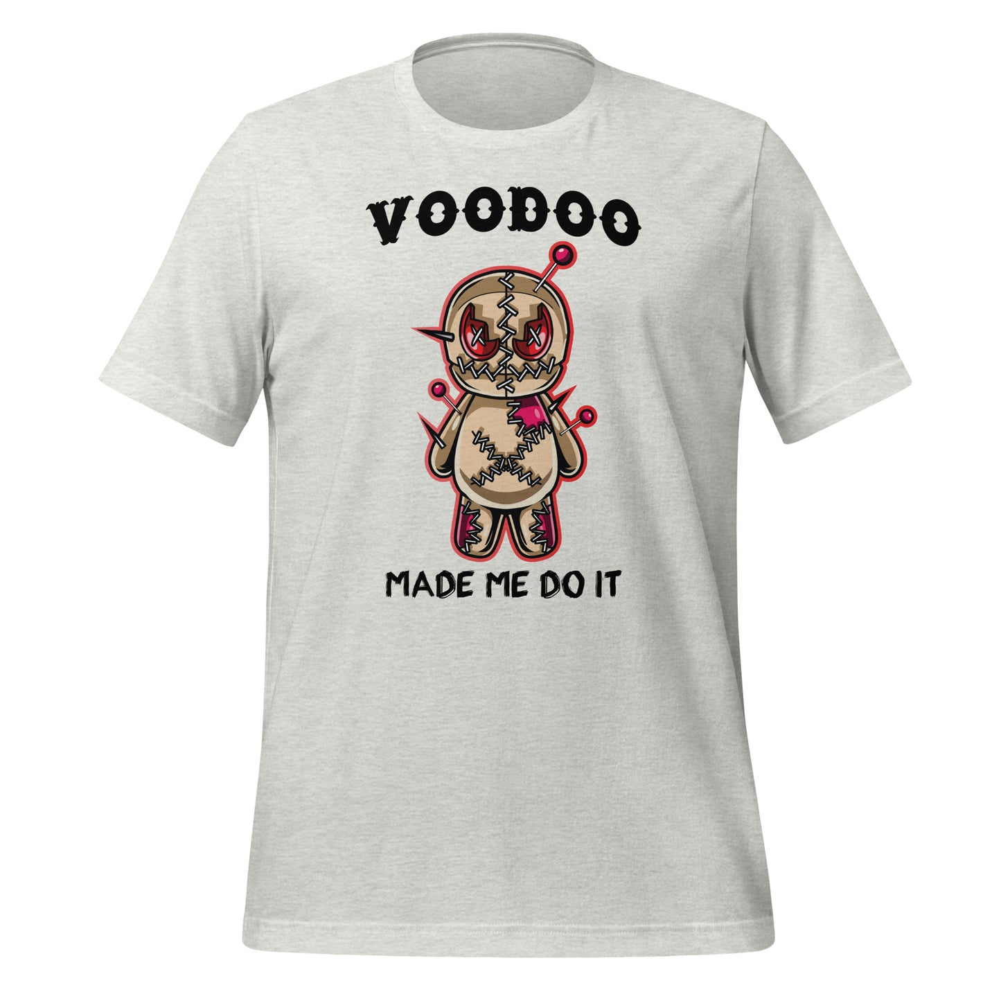 Ash gray VooDoo Made Me Do It New Orleans shirt with voodoo doll designed by graphic apparel company Midnight Gypsy Designs.