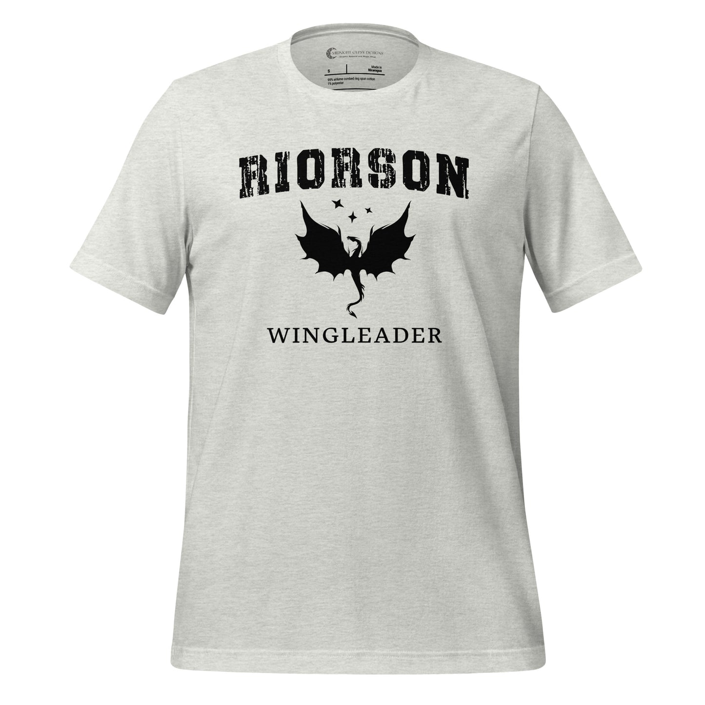 Ash Fourth Wing shirt that says Riorson Wingleader with a dragon and stars created by graphic apparel company Midnight Gypsy Designs as part of its bookish merch collection for fantasy book readers. Perfect dragon riders shirt, Xaden Riorson shirt, Iron Flame shirt and Onyx Storm shirt.
