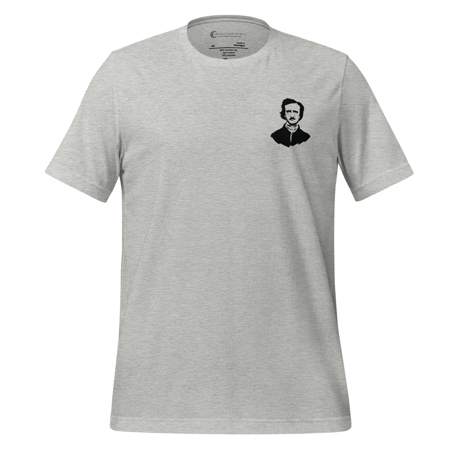 Gray Edgar Allan Poe shirt that says Be Like Poe created by graphic apparel company Midnight Gypsy Designs as part of their Dark Academia t-shirt collection. Perfect Edgar Allan Poe merch, Edgar Allan Poe fans shirt, Edgar Allan Poe literary shirt, Edgar Allan Poe Poet shirt, Edgar Allan Poe librarian shirt, and Edgar Allan Poe fan shirt for readers.