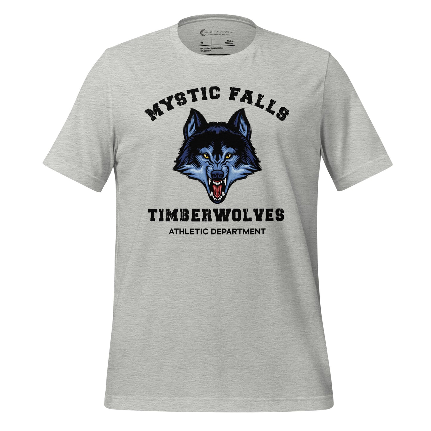 Athletic grey Mystic Falls Timberwolves shirt with a blue werewolf showing its fangs created by graphic apparel company Midnight Gypsy Designs as part their The Vampire Diaries merch collection. Perfect The Vampire Diaries shirt, Mystic Falls shirt, Mystic Falls Timberwolves t-shirt, Stefan Salvatore shirt, Stefan Salvatore t-shirt, Stefan Salvatore tee, Stefan Salvatore 17 shirt, Mystic Falls High School shirt, Team Stefan shirt, Damon Salvatore shirt, and Team Damon Shirt.