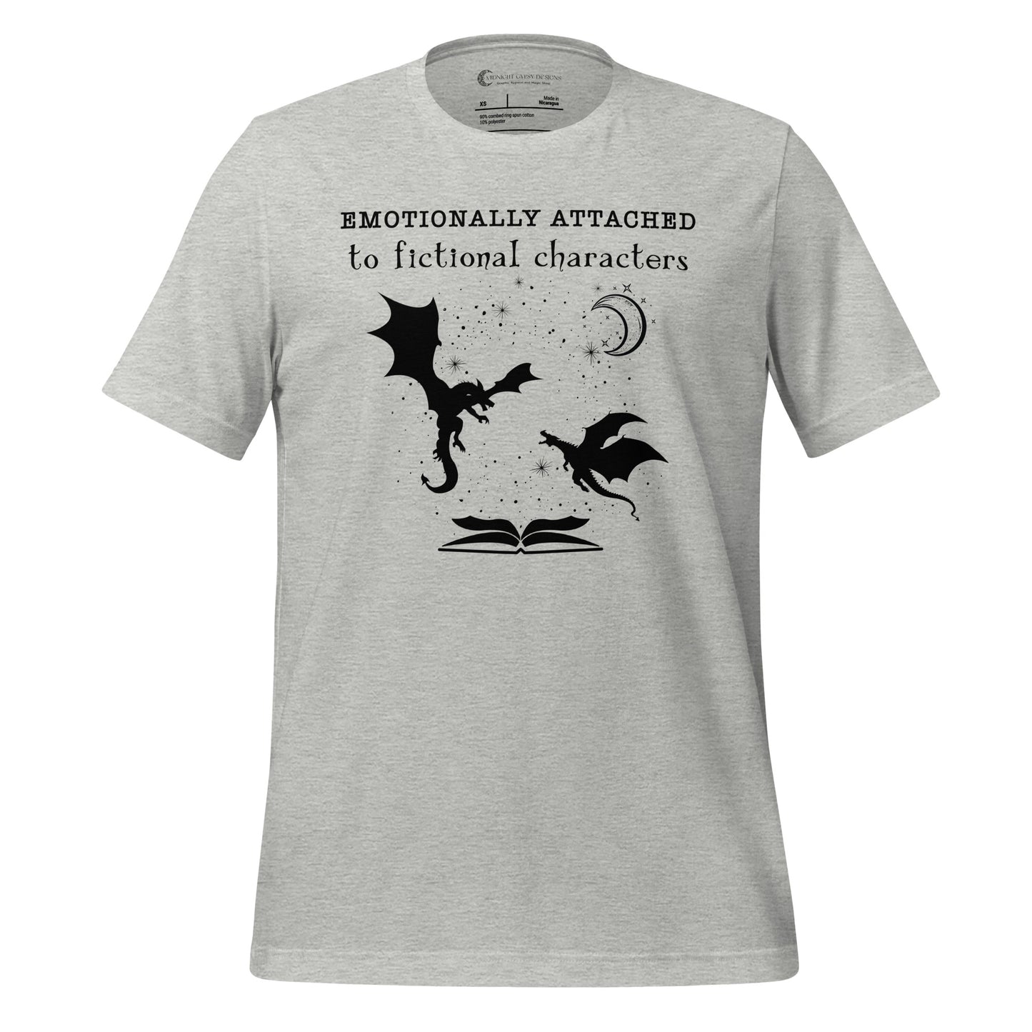 Athletic grey Emotionally Attached to Fictional Characters shirt with two gold dragons flying over an open book and a crescent moon created by graphic apparel company Midnight Gypsy Designs for their academia book merch collection. Perfect fantasy readers shirt, book dragon shirt, fourth wing shirt, book merch, bookish merch, and shirt for fantasy readers.