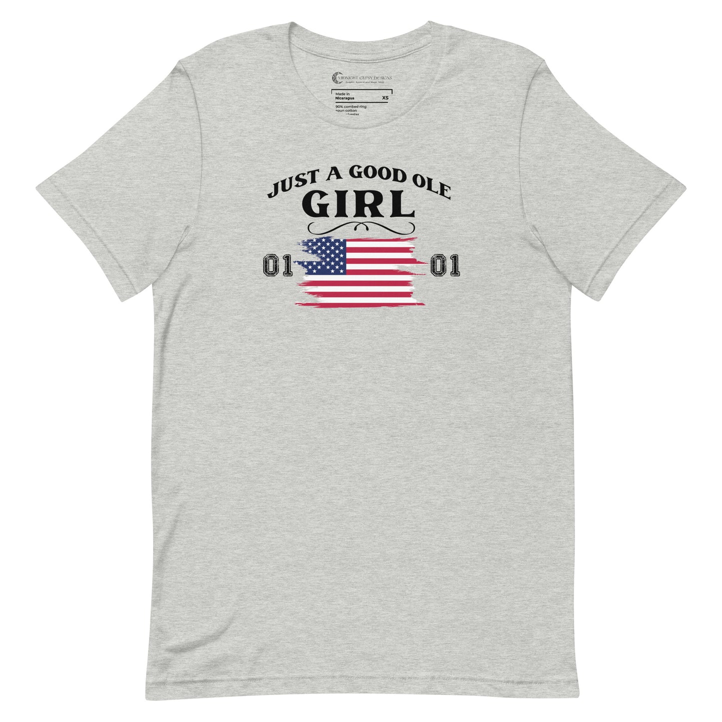 Athletic grey Just A Good Ole Girl shirt with American flag and General Lee 01 number created by graphic apparel company Midnight Gypsy Designs as part of their Patriotic Pride Apparel Collection. Perfect Dukes of Hazard shirt, Dukes of Hazard t-shirt, Daisy Duke shirt, Daisy Duke t-shirt, General Lee shirt, General Lee t-shirt, and USA Patriotic shirt.