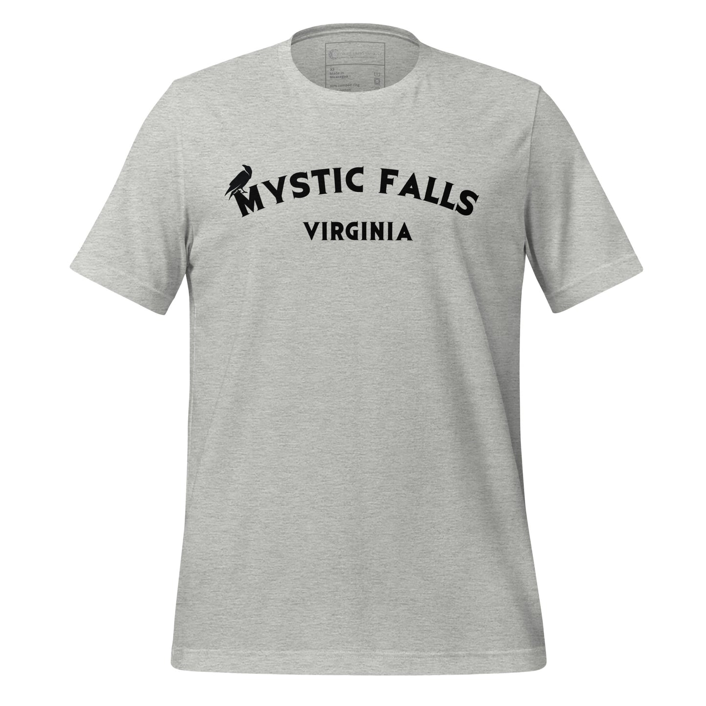 Athletic grey Mystic Falls Virginia shirt with crow on front for the Vampire Diaries apparel line by fandom graphic shirt company Midnight Gypsy Designs.