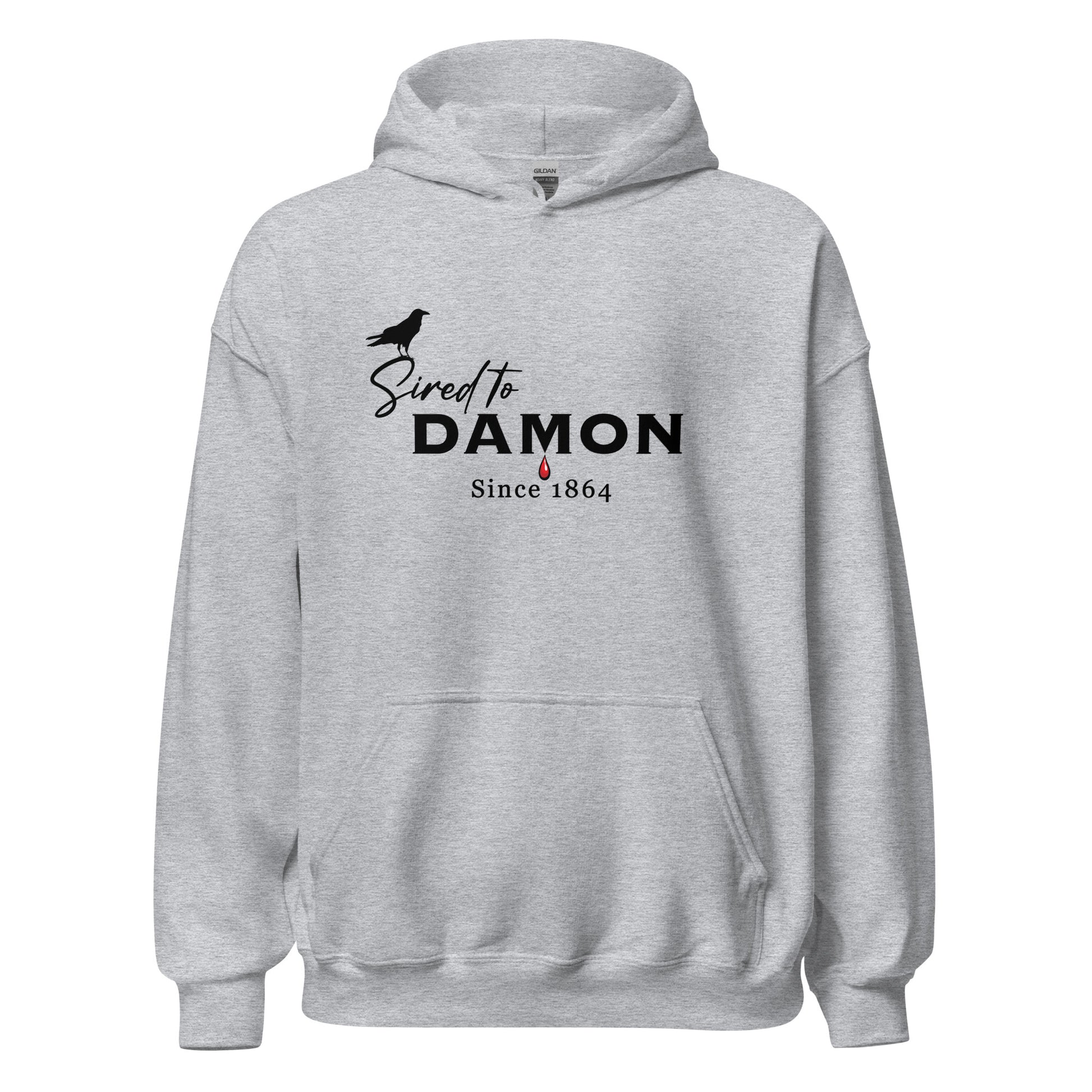 Athletic grey The Vampire Diaries Sired to Damon Since 1864 hoodie with a crow and blood drip created by graphic apparel company Midnight Gypsy Designs as part of their The Vampire Diaries apparel line. Perfect Mystic Falls hoodie, The Vampire Diaries hoodie, Team Damon Salvatore hoodie, Vampire Diaries shirt, Team Damon Salvatore shirt, Mystic Falls shirt, and Sired to Damon shirt.