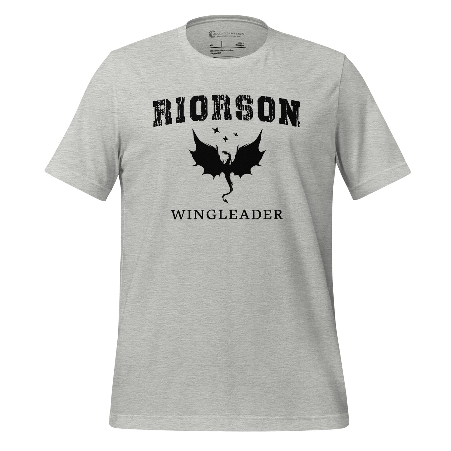 Athletic grey Fourth Wing shirt that says Riorson Wingleader with a dragon and stars created by graphic apparel company Midnight Gypsy Designs as part of its bookish merch collection for fantasy book readers. Perfect dragon riders shirt, Xaden Riorson shirt, Iron Flame shirt and Onyx Storm shirt.