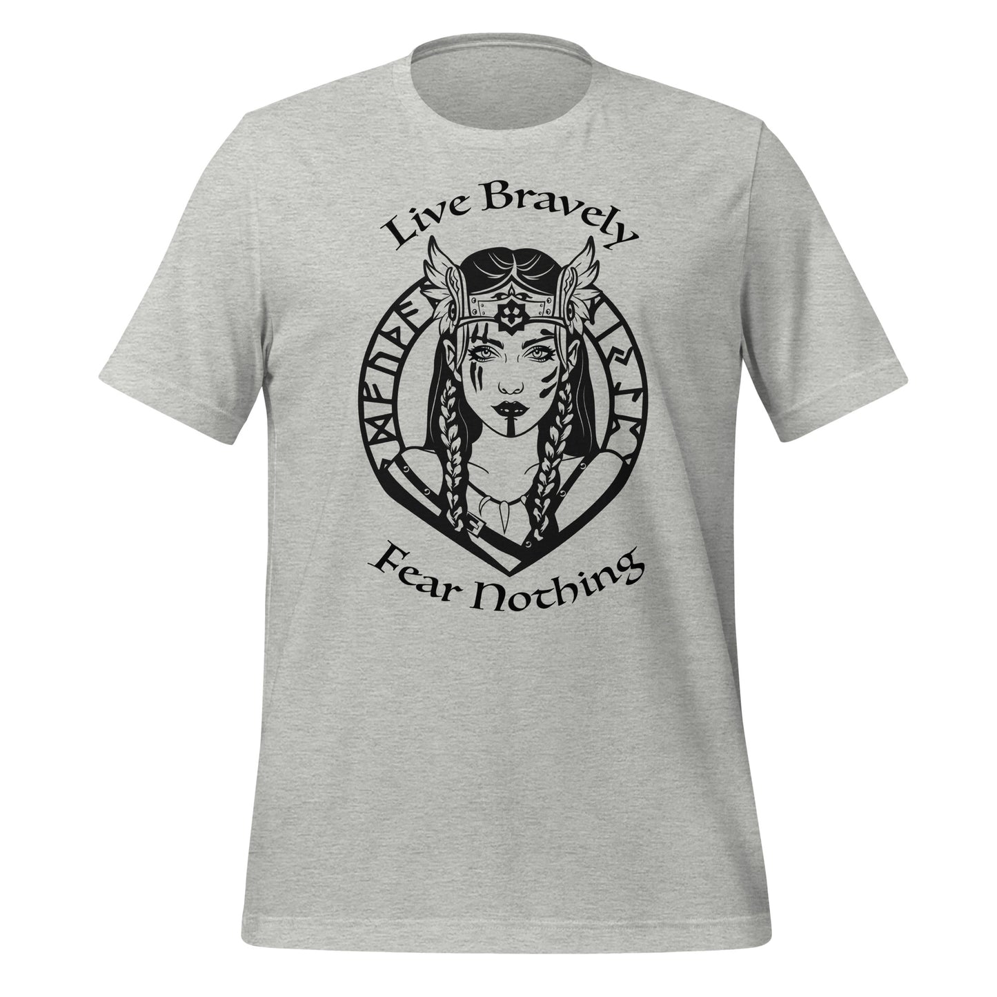 Athletic heather grey Shieldmaiden Viking Warrior t-shirt that reads Live Bravely Fear Nothing with a Viking Warrior woman with Futhark runes created by graphic apparel shop Midnight Gypsy Designs.