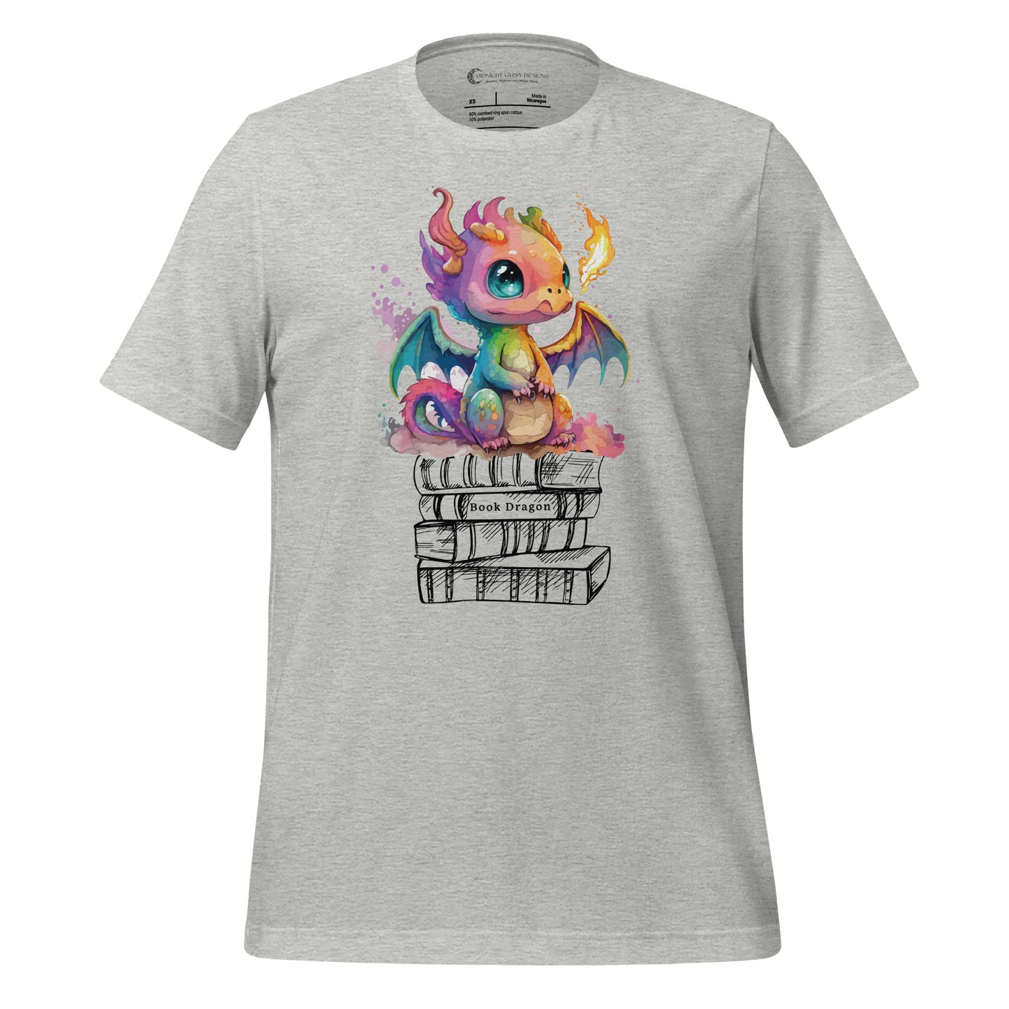 Athletic heather grey book dragon shirt with a fire breathing rainbow dragon sitting on top of a stack of books designed by graphic apparel shop Midnight Gypsy Designs as part of their bookish merch collection. Cute dragon shirt for fantasy readers!
