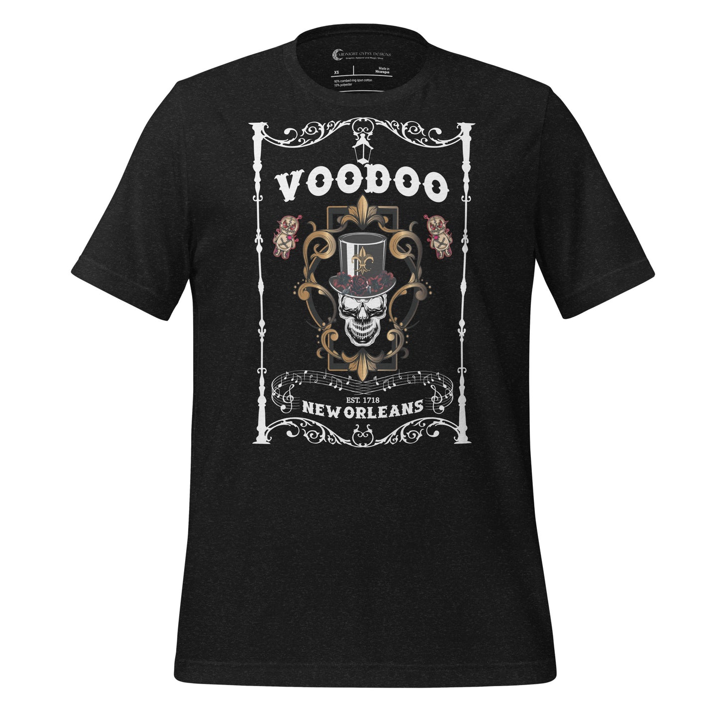 Black athletic heather Bourbon Street Voo Doo New Orleans t-shirt with voo doo doll and skull with top hat and roses created by graphic apparel company Midnight Gypsy Designs.