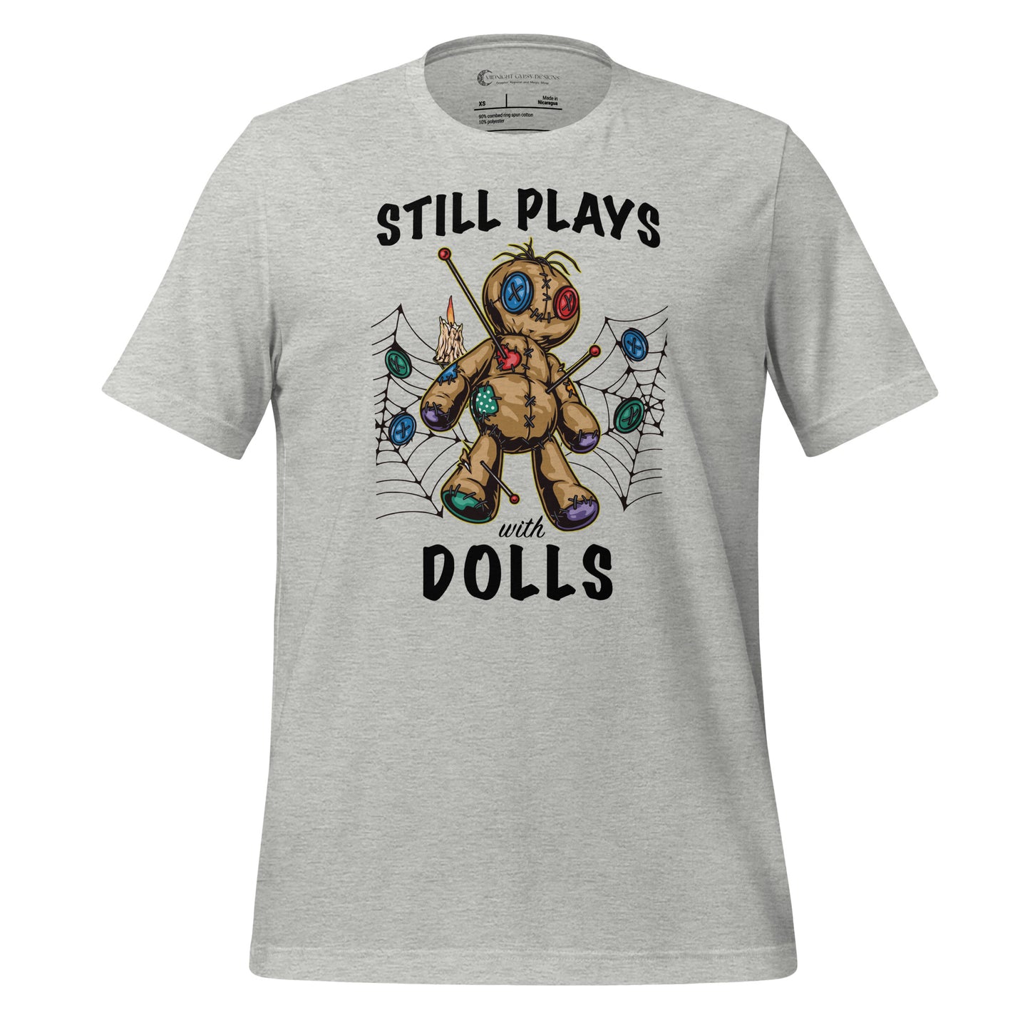 Athletic heather Still Plays With Dolls VooDoo shirt created by clothing apparel company Midnight Gypsy Designs.