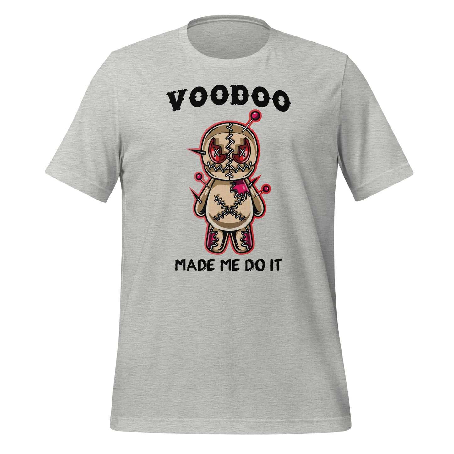 Athletic heather grey VooDoo Made Me Do It New Orleans shirt with voodoo doll designed by graphic apparel company Midnight Gypsy Designs.