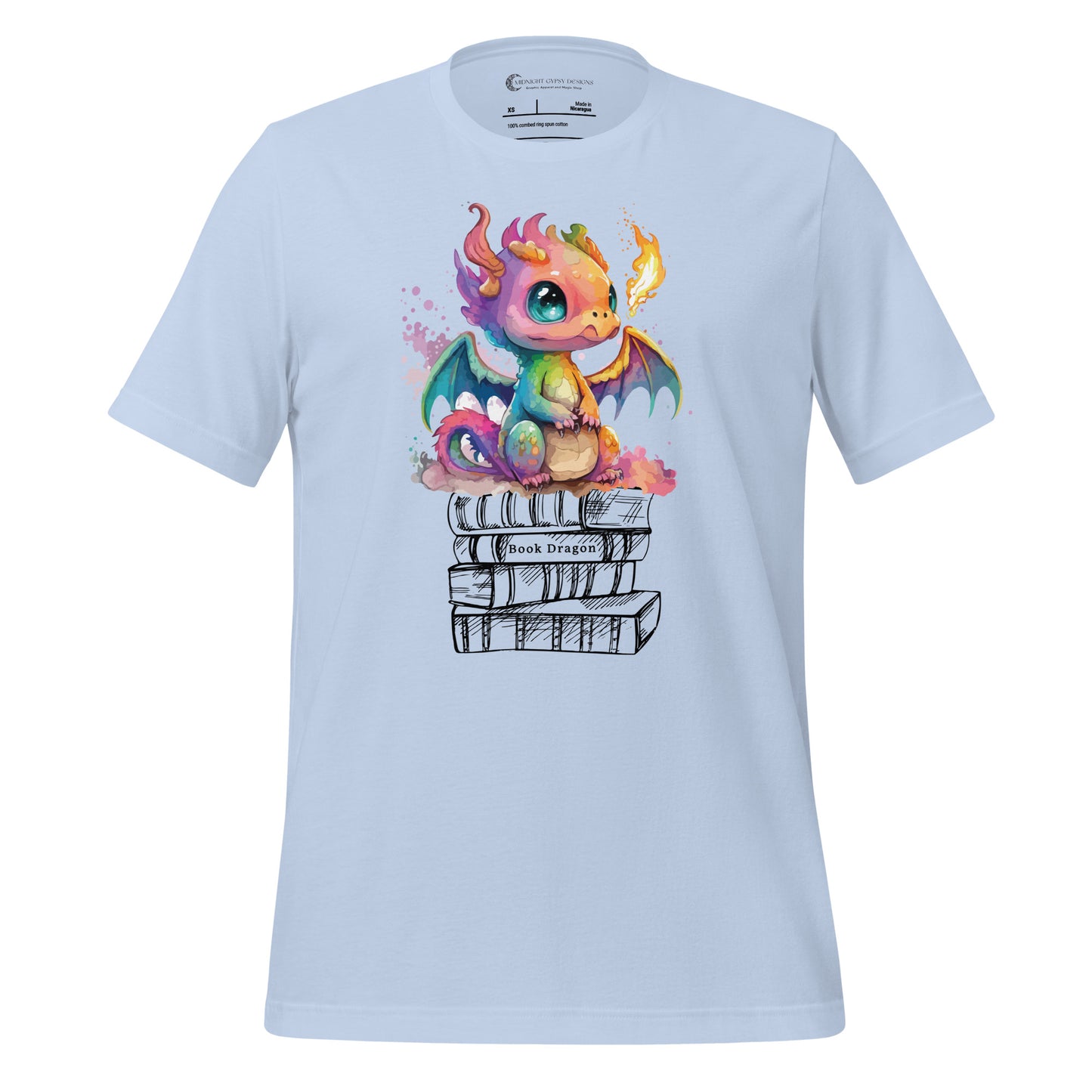 Baby blue book dragon shirt with a fire breathing rainbow dragon sitting on top of a stack of books designed by graphic apparel shop Midnight Gypsy Designs as part of their bookish merch collection. Cute dragon shirt for fantasy readers!