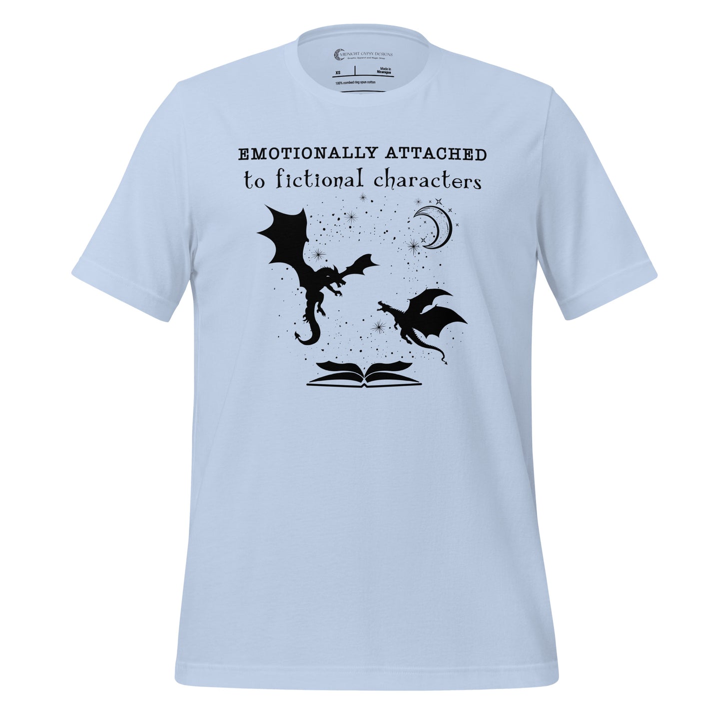 Baby blue Emotionally Attached to Fictional Characters shirt with two black dragons flying over an open book and a crescent moon created by graphic apparel company Midnight Gypsy Designs for their academia book merch collection. Perfect fantasy readers shirt, book dragon shirt, fourth wing shirt, book merch, bookish merch, and shirt for fantasy readers.