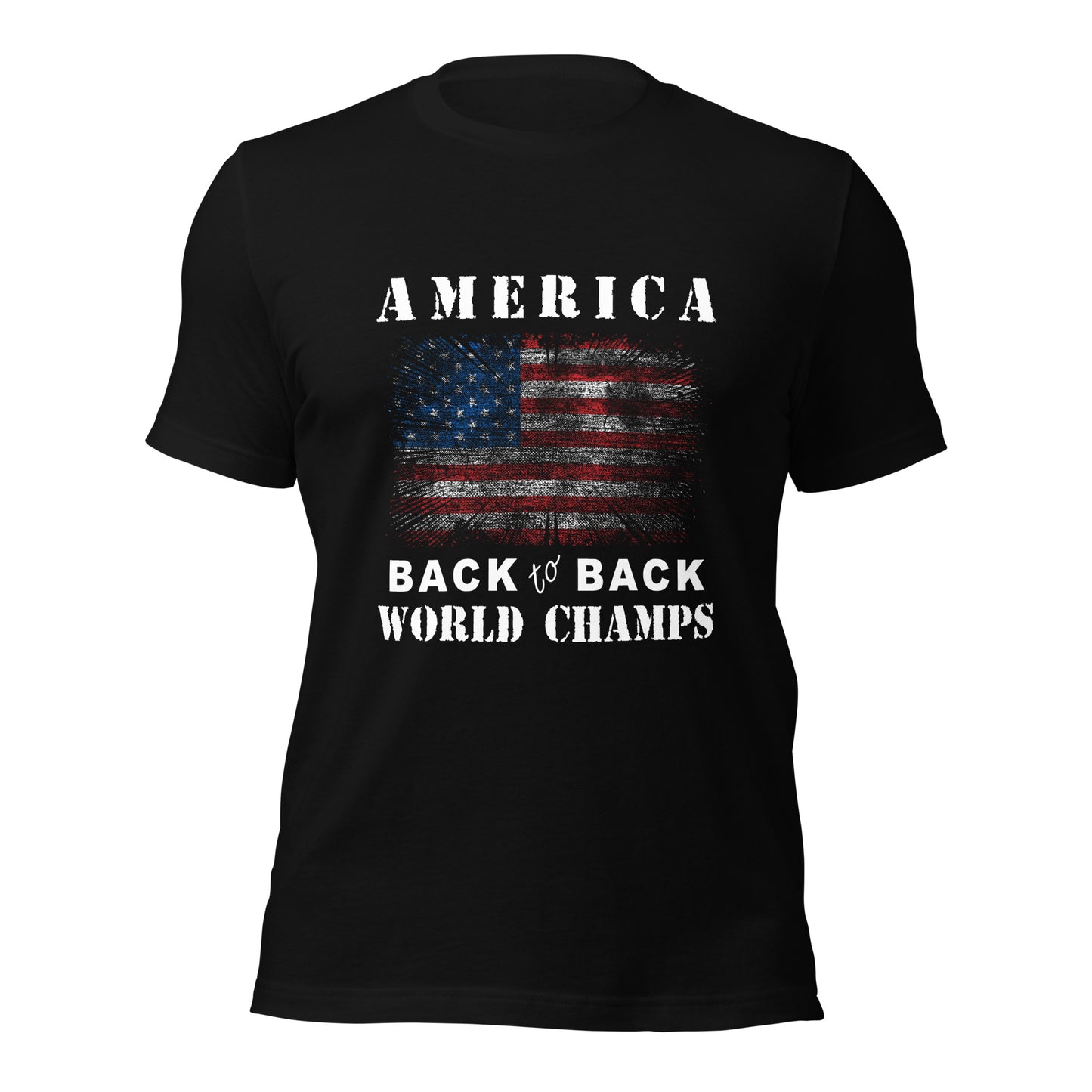 Black American patriotic pride shirt that says America Back to Back World Champs designed by graphic apparel company Midnight Gypsy Designs as part of their USA Patriotic apparel line. Perfect USA veteran shirt, USA patriotic shirt, Fourth of July Shirt, American pride shirt, USA flag shirt, USA patriot shirt, USA military shirt, and veteran warrior shirt for those who wave the red, white, and blue!