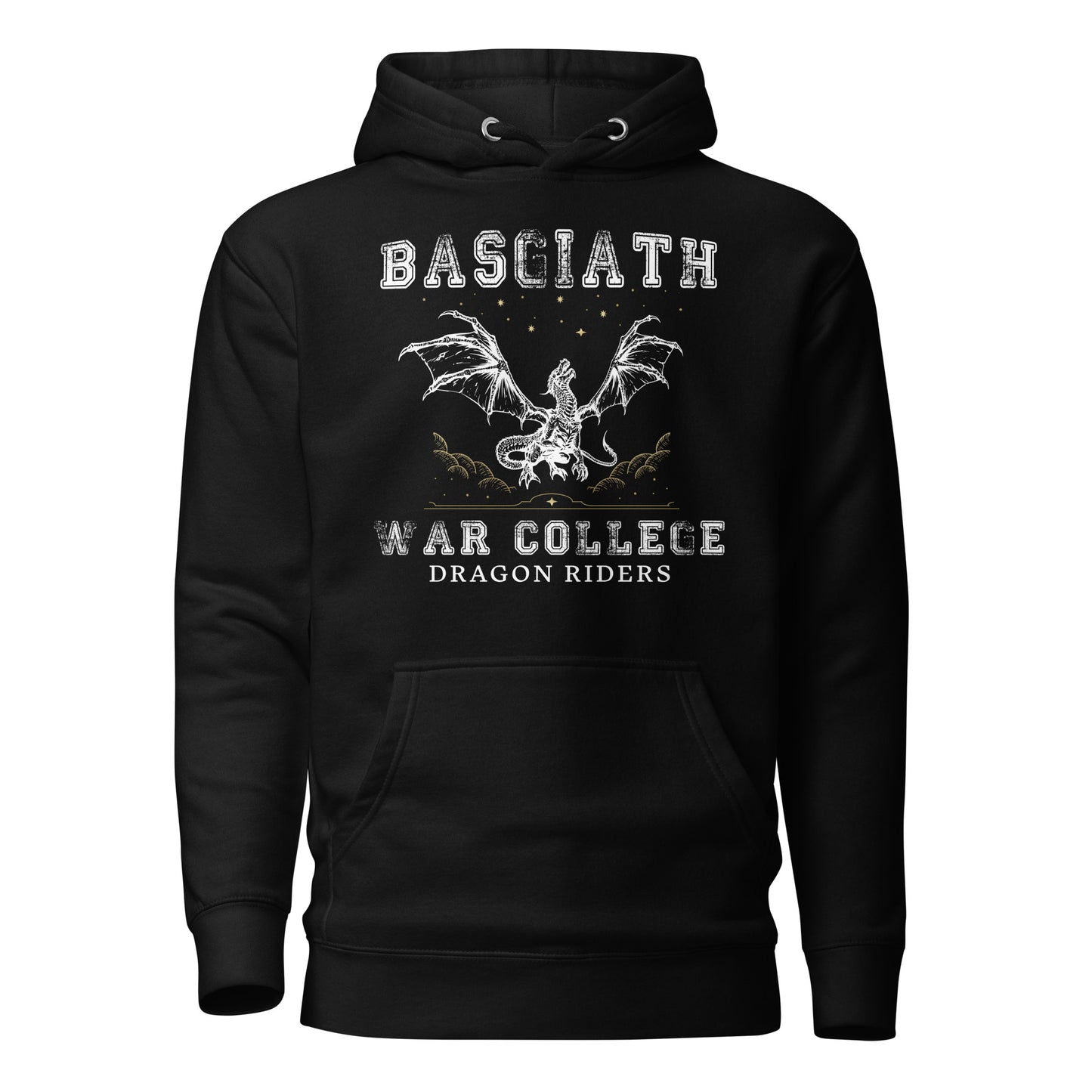 Black dragon rider Basgiath War College hoodie for fantasy book readers of Fourth Wing, Iron Flame, and Onyx Storm created by graphic apparel company Midnight Gypsy Designs as part of their bookish merch collection.