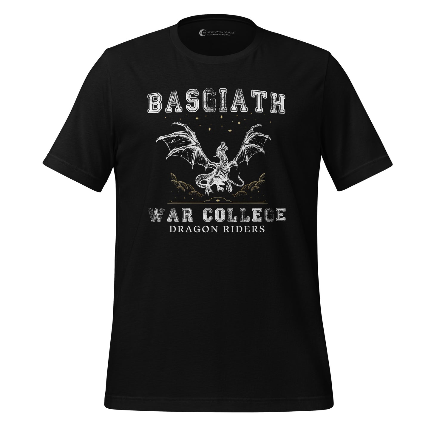 Black dragon rider Basgiath War College shirt for fantasy book readers of Fourth Wing, Iron Flame, and Onyx Storm created by graphic apparel company Midnight Gypsy Designs as part of their bookish merch collection.