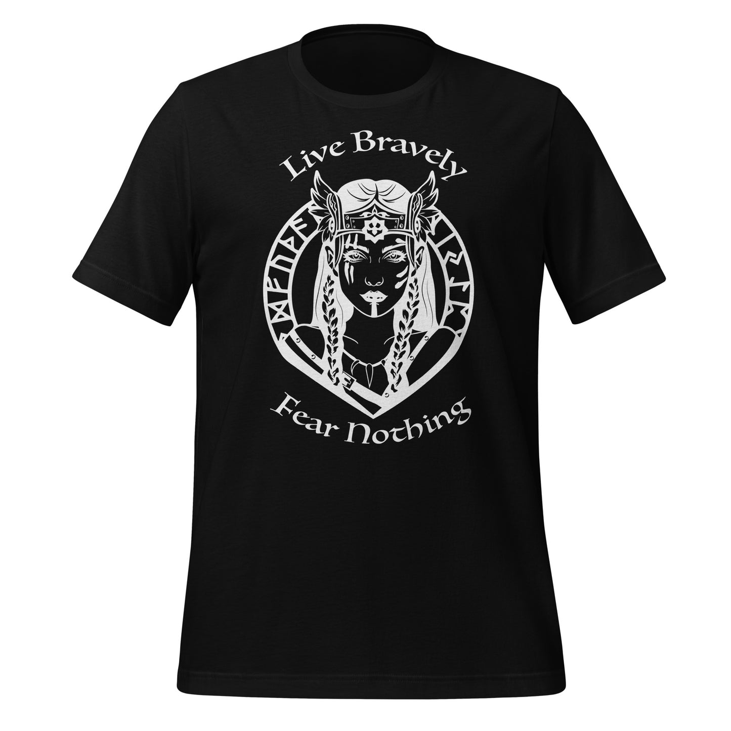 Black Shieldmaiden Viking Warrior t-shirt that reads Live Bravely Fear Nothing with a Viking Warrior woman with Futhark runes created by graphic apparel shop Midnight Gypsy Designs.