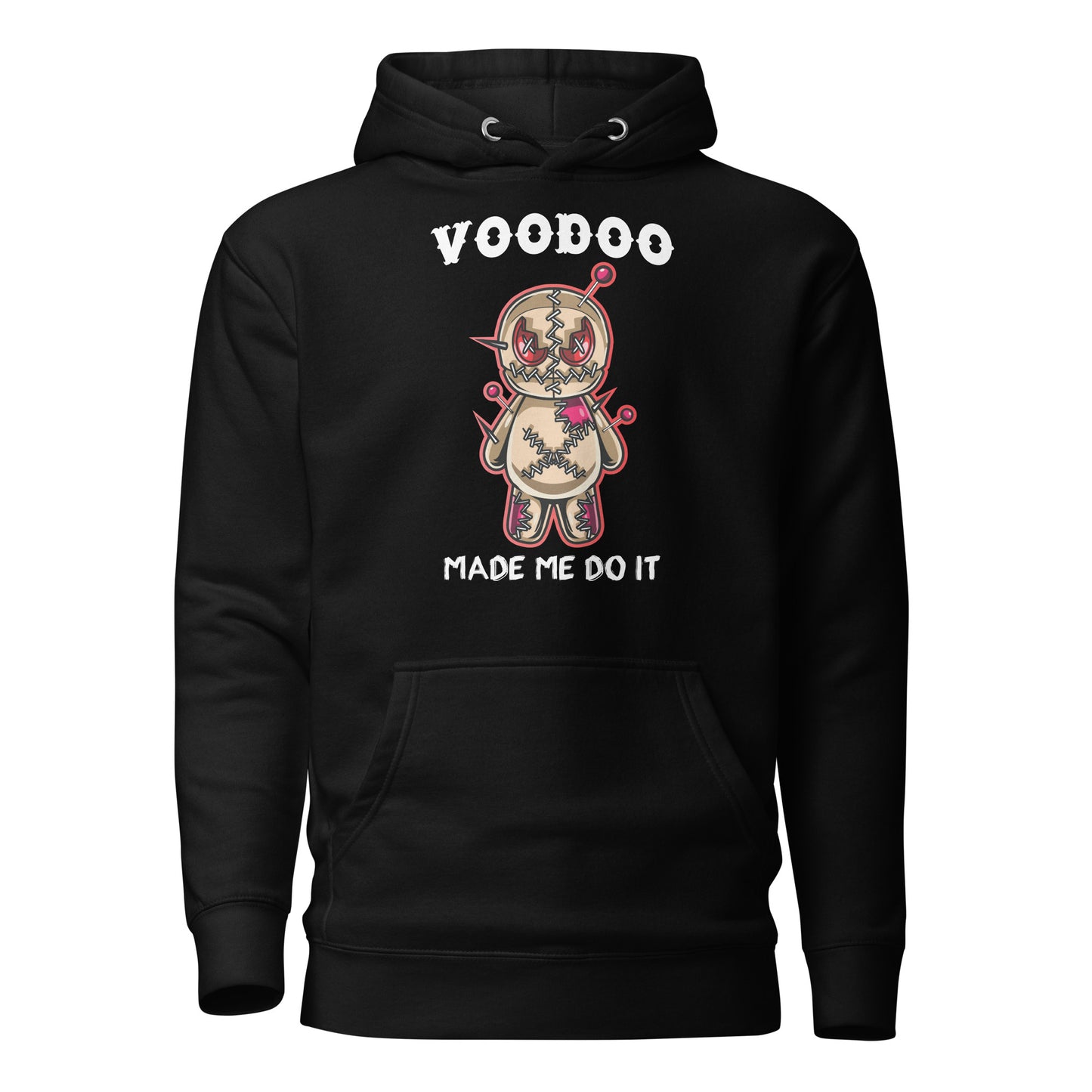 Young woman with red hair standing on Bourbon Street in New Orleans wearing a black VooDoo Made Me Do It Hoodie with a Voodoo doll with pins on front created by graphic apparel company Midnight Gypsy Designs.