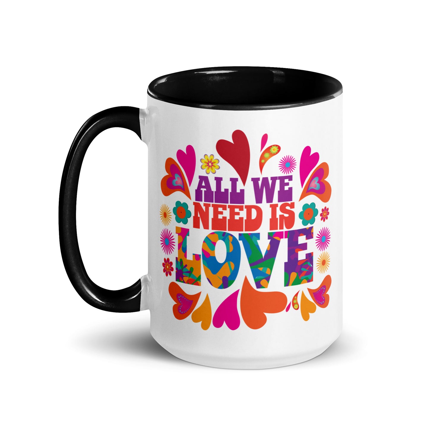 All we need is love coffee mug with black handle and colorful hearts with 1960s hippie style created by clothing apparel company Midnight Gypsy Designs. Perfect mental health awareness mug, Valentine's Day mug, peace mug, flower child mug, and cute kindness mug.
