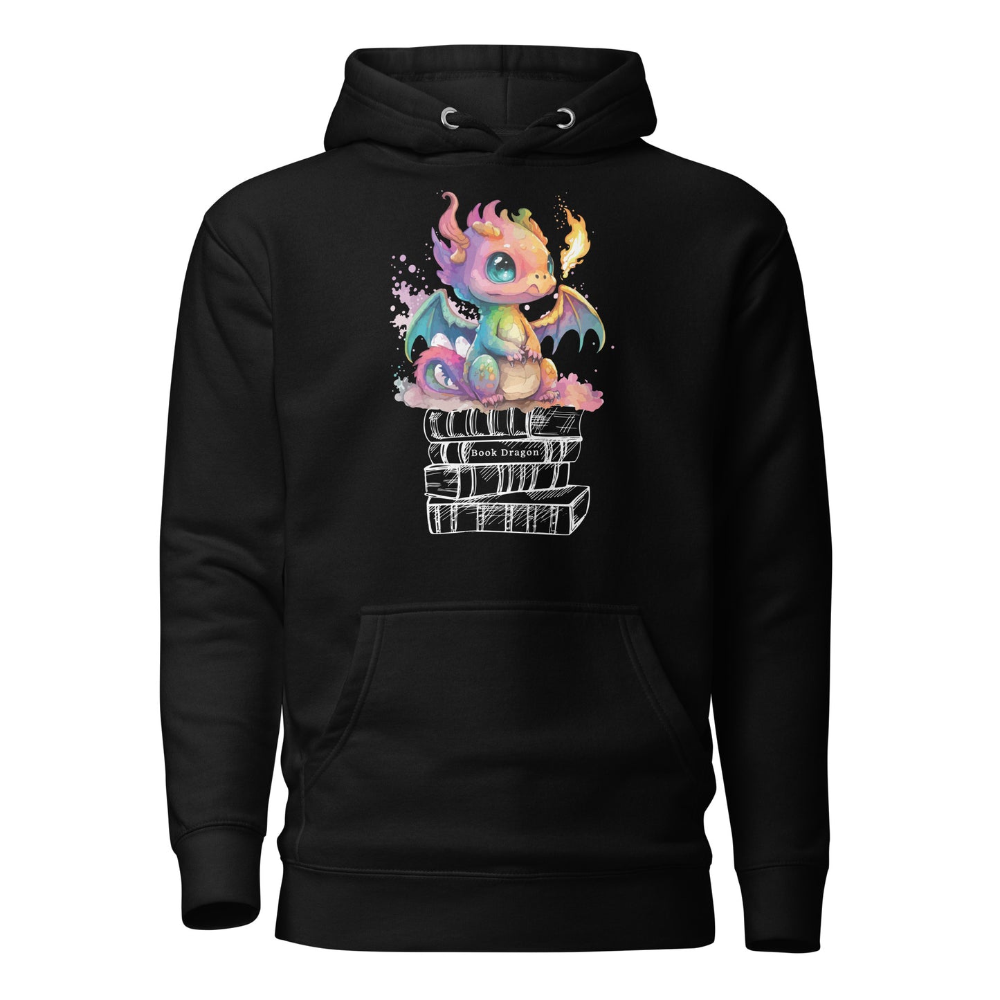 Black book dragon hoodie with a fire breathing rainbow dragon sitting on top of a stack of books designed by graphic apparel shop Midnight Gypsy Designs as part of their bookish merch collection. Perfect book dragon shirt for fantasy readers!