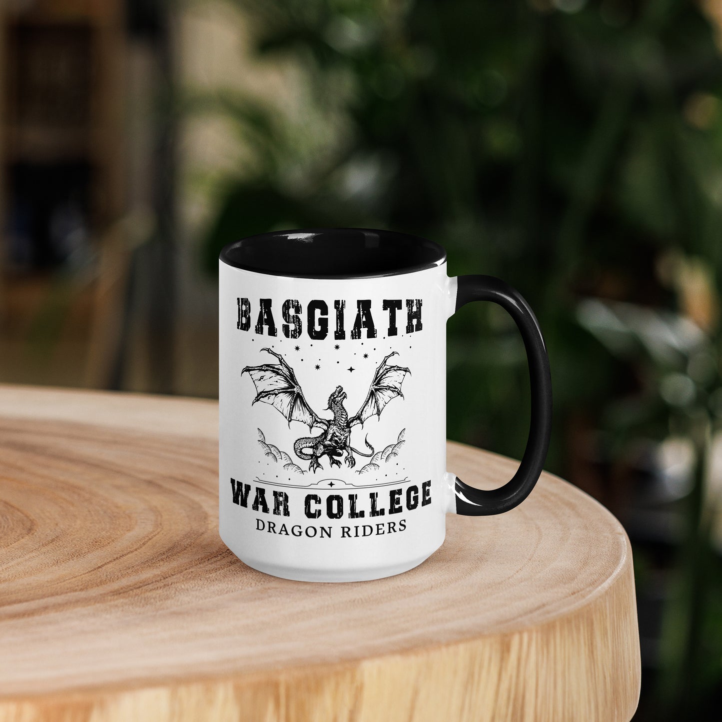 Black and white dragon rider Basgiath War College Coffee Mug created by graphic apparel company Midnight Gypsy Designs as part of their bookish merch collection for dragon riding fans of Fourth Wing, Iron Flame, and Onyx Storm books.