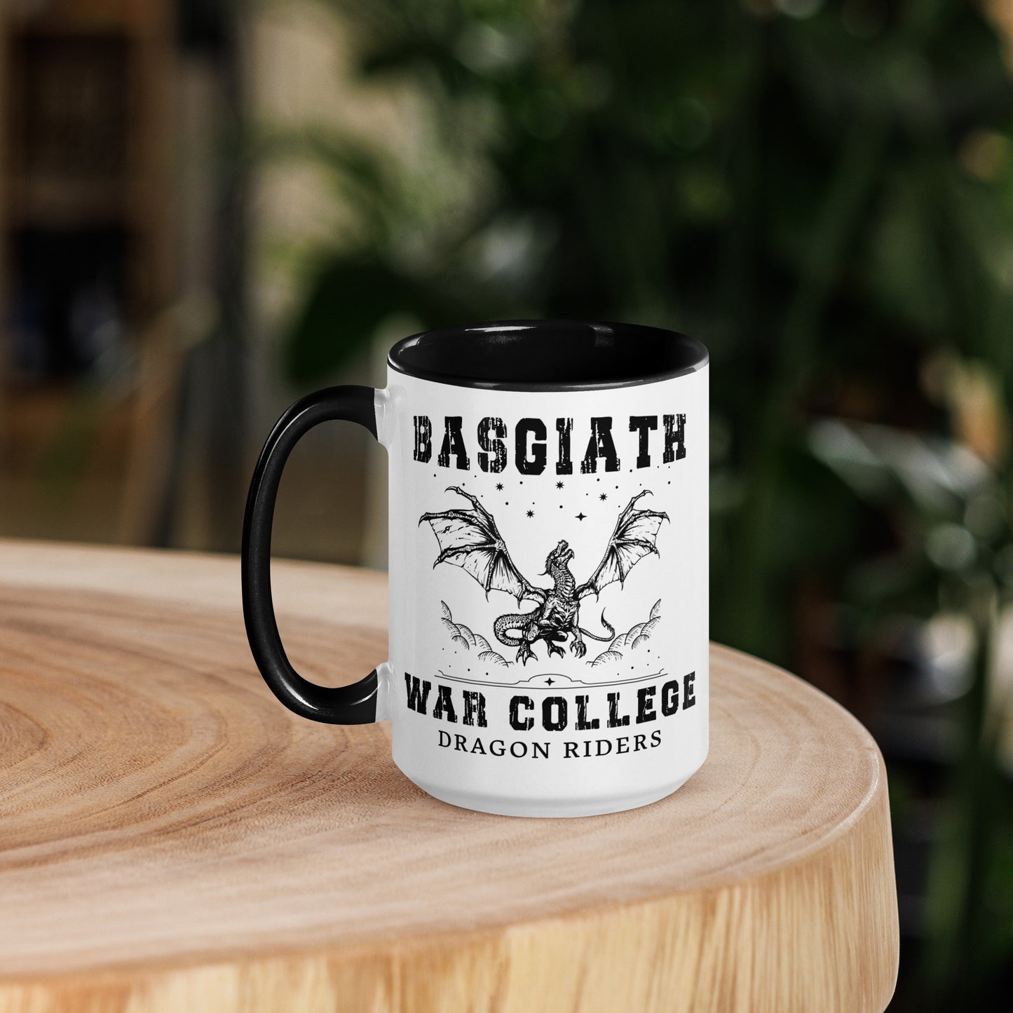 Black and white dragon rider Basgiath War College Coffee Mug created by graphic apparel company Midnight Gypsy Designs as part of their bookish merch collection for dragon riding fans of Fourth Wing, Iron Flame, and Onyx Storm books.