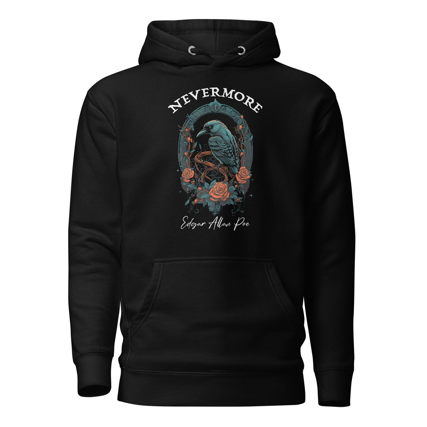 Black Edgar Allan Poe Nevermore hoodie with black raven and red roses created by apparel clothing store Midnight Gypsy Designs.