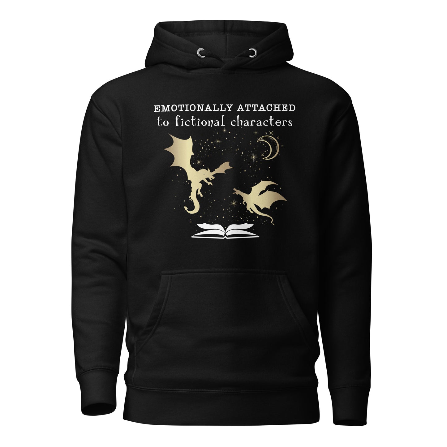 Black Emotionally Attached to Fictional Characters hoodie with two gold dragons flying over an open book and a crescent moon created by graphic apparel company Midnight Gypsy Designs for their in my fantasy era academia book merch collection. Perfect book dragon shirt, fantasy readers shirt, bookish merch, shirt for fantasy readers, and fourth wing hoodie!
