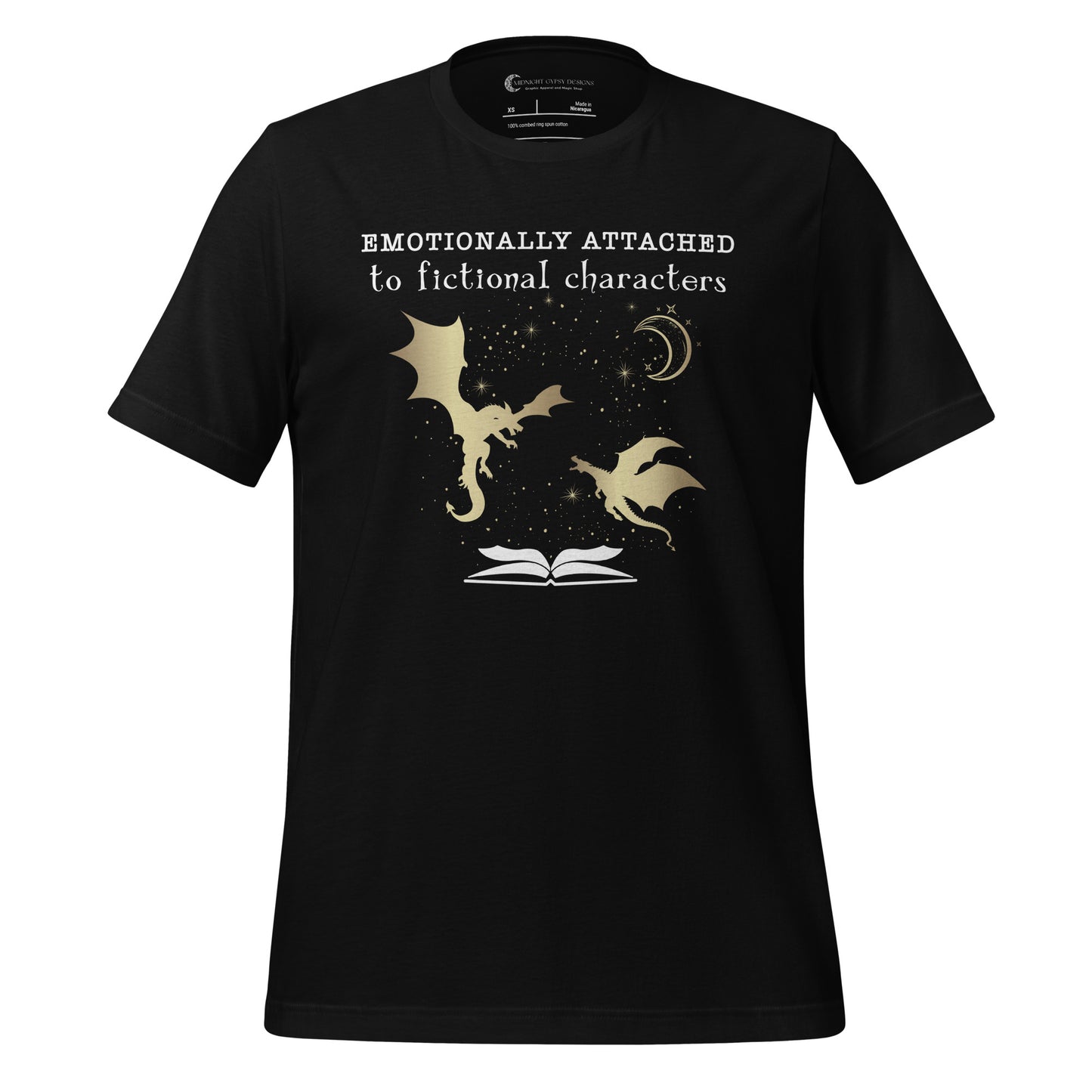 Black Emotionally Attached to Fictional Characters shirt with two gold dragons flying over an open book and a crescent moon created by graphic apparel company Midnight Gypsy Designs for their academia book merch collection. Perfect fantasy readers shirt, book dragon shirt, fourth wing shirt, book merch, bookish merch, and shirt for fantasy readers.