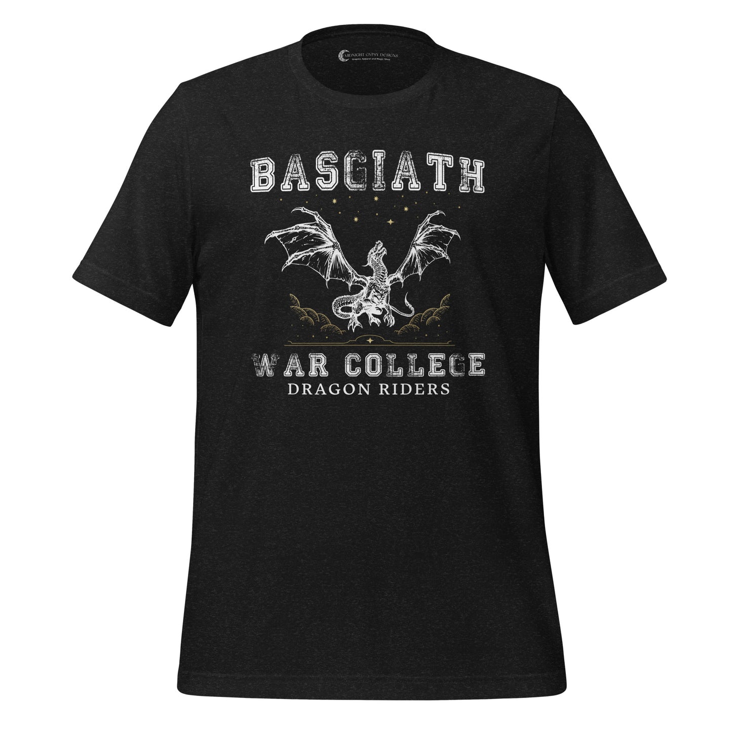 Black heather dragon rider Basgiath War College shirt for fantasy book readers of Fourth Wing, Iron Flame, and Onyx Storm created by graphic apparel company Midnight Gypsy Designs as part of their bookish merch collection.