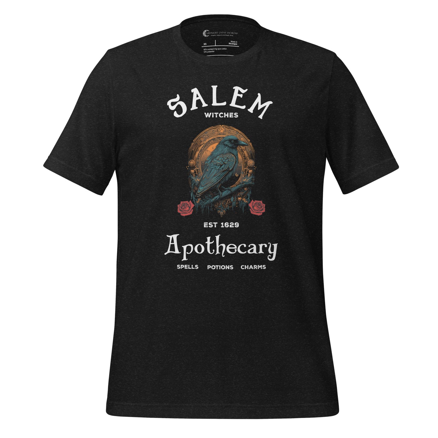 Heather black Salem Apothecary shirt with a black crow and two red roses created by graphic apparel company Midnight Gypsy Designs as part of their witchy and gothic apparel clothing line. Perfect Salam witch trials shirt, Salem Apothecary t-shirt, Salem Apothecary tee, black crow shirt, Salem witch shirt, Salem witch tshirt, Salem witch tee, Salem witches shirt, Salem witches t-shirt, Salem witches tshirt, 1692 Salem witch trials shirt, and 1692 Salem witch trials tshirt.